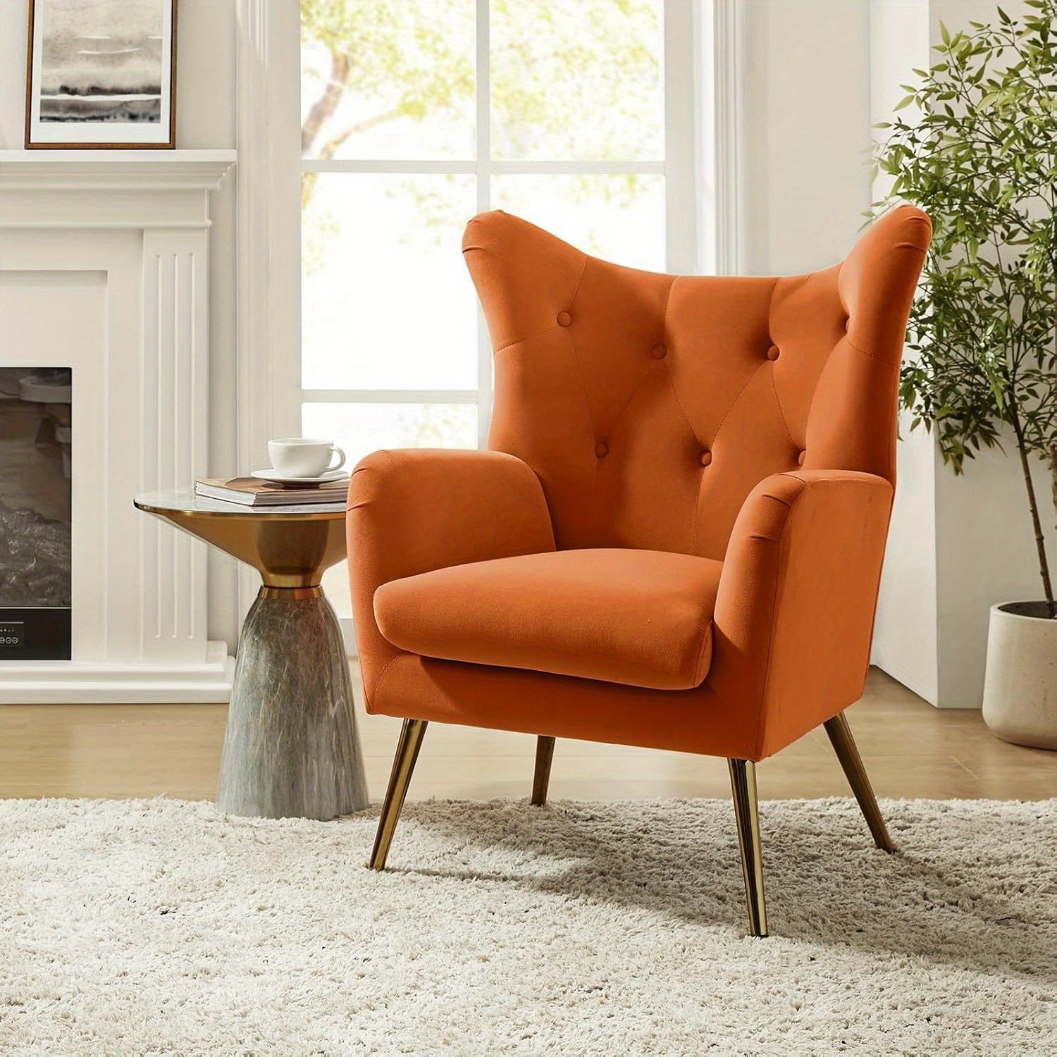 Modern Velvet Wingback Arm Chair with Golden Metal Legs - Tufted Upholstered Accent Chair in Blue/Yellow, Wood Frame, Perfect for Living Room, Bedroom, or Dining Room, Chair for Living Room