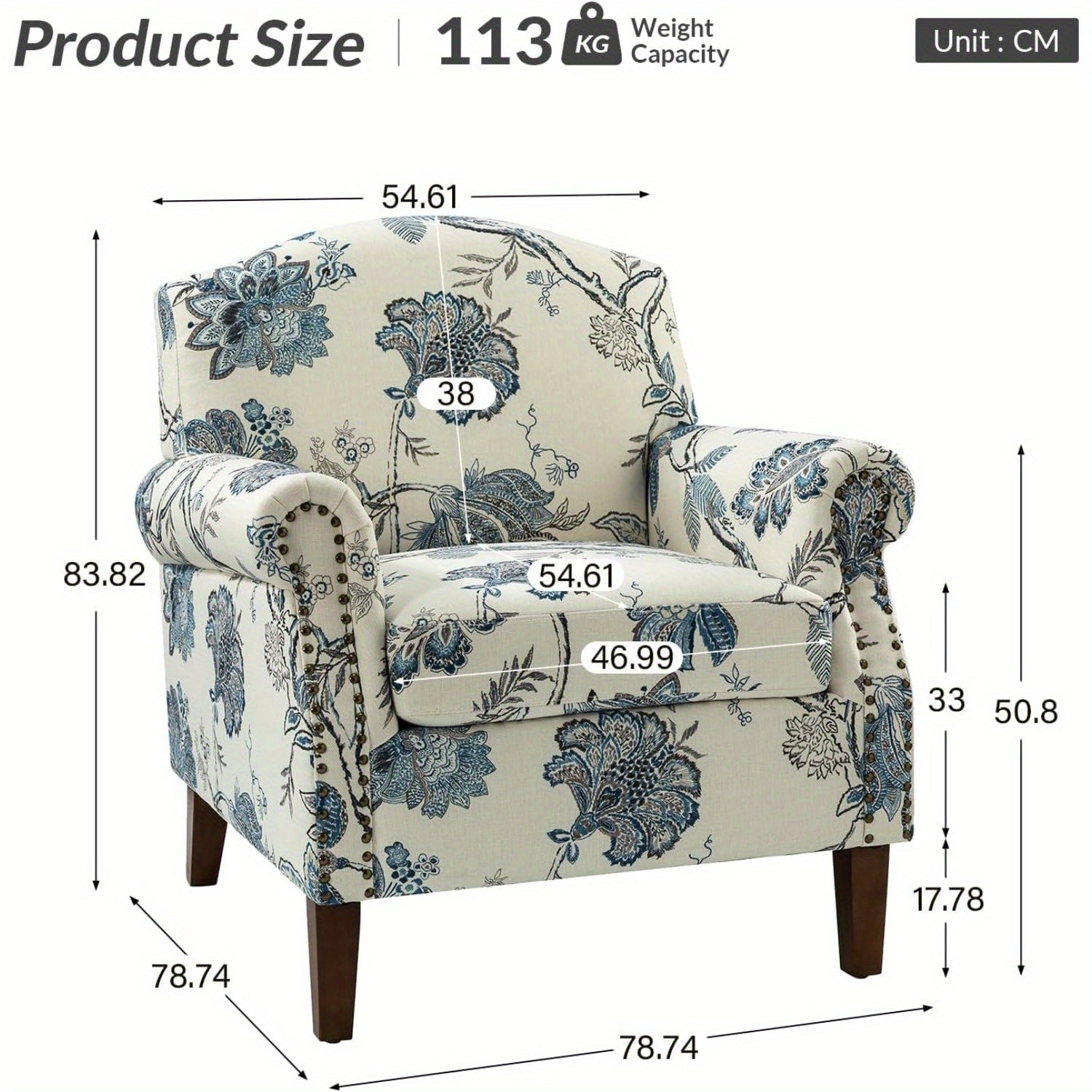 Modern Accent Chair w/ Wood Legs & Removable Cushion | Comfy Upholstered Armchair with Nailhead Trim, Floral Design, Color, HULALA HOME - Ideal for Reading, Office, Living Room