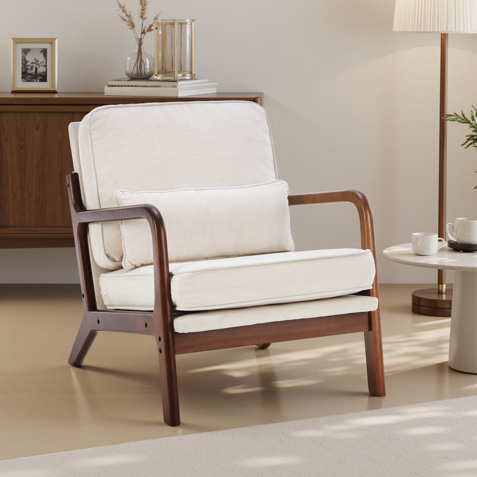 Mid-Century Modern Accent Chair with Arms and Cushion, Wooden Frame Plush Reading Lounge Chair for Living Room, Bedroom