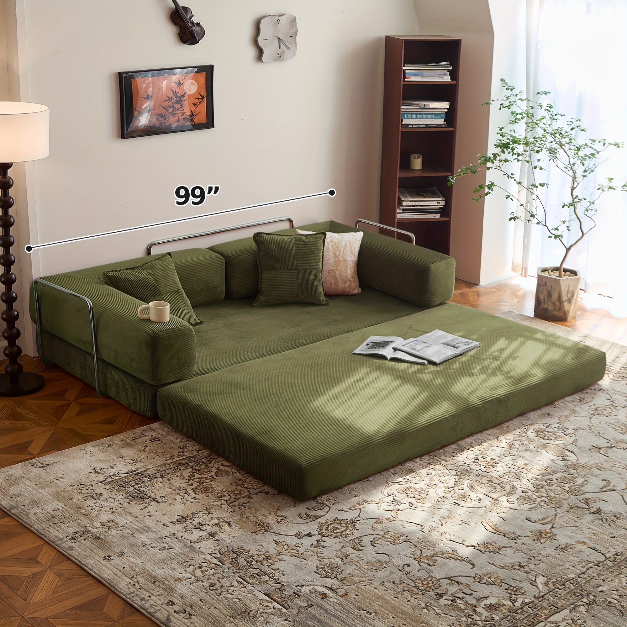 Modern Convertible Sofa Bed - Modular Sectional Floor Couch with Memory Foam Cushions, Corduroy Upholstery & Stainless Frame, 4-in-1 Configurable Space-Saving Design for Small Apartments, Easy Assembly (No Tools) -