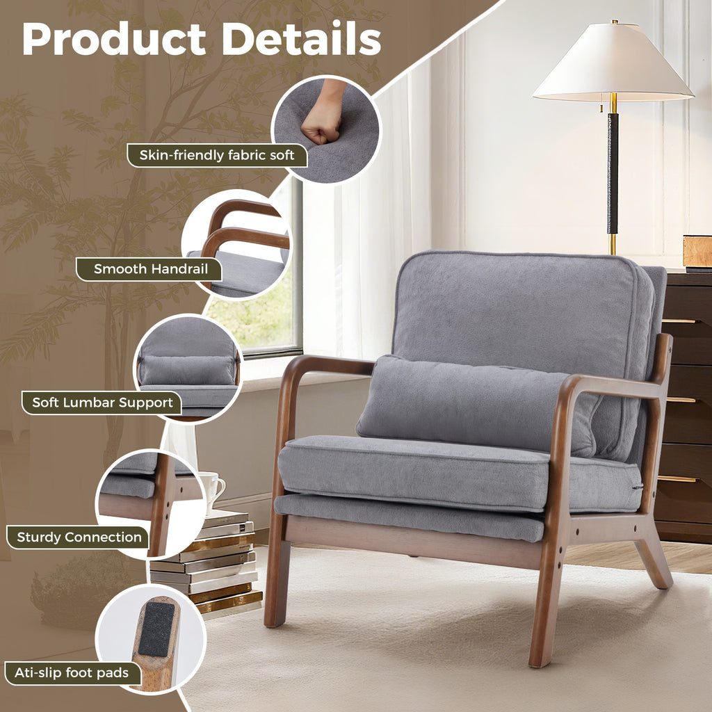 Mid-Century Modern Accent Chair with Arms and Cushion, Wooden Frame Plush Reading Lounge Chair for Living Room, Bedroom