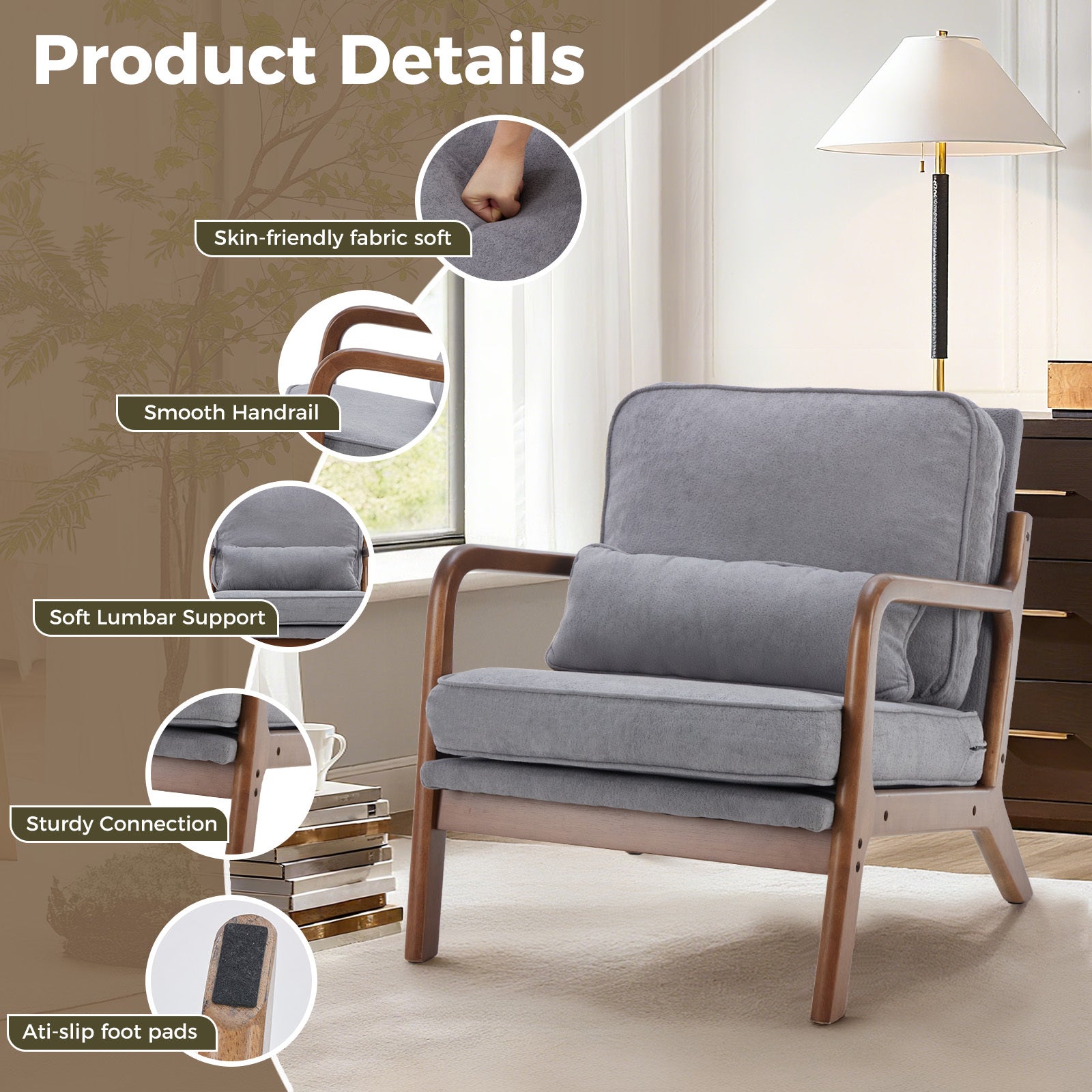 Mid-Century Modern Accent Chair with Arms and Cushion, Wooden Frame Plush Reading Lounge Chair for Living Room, Bedroom