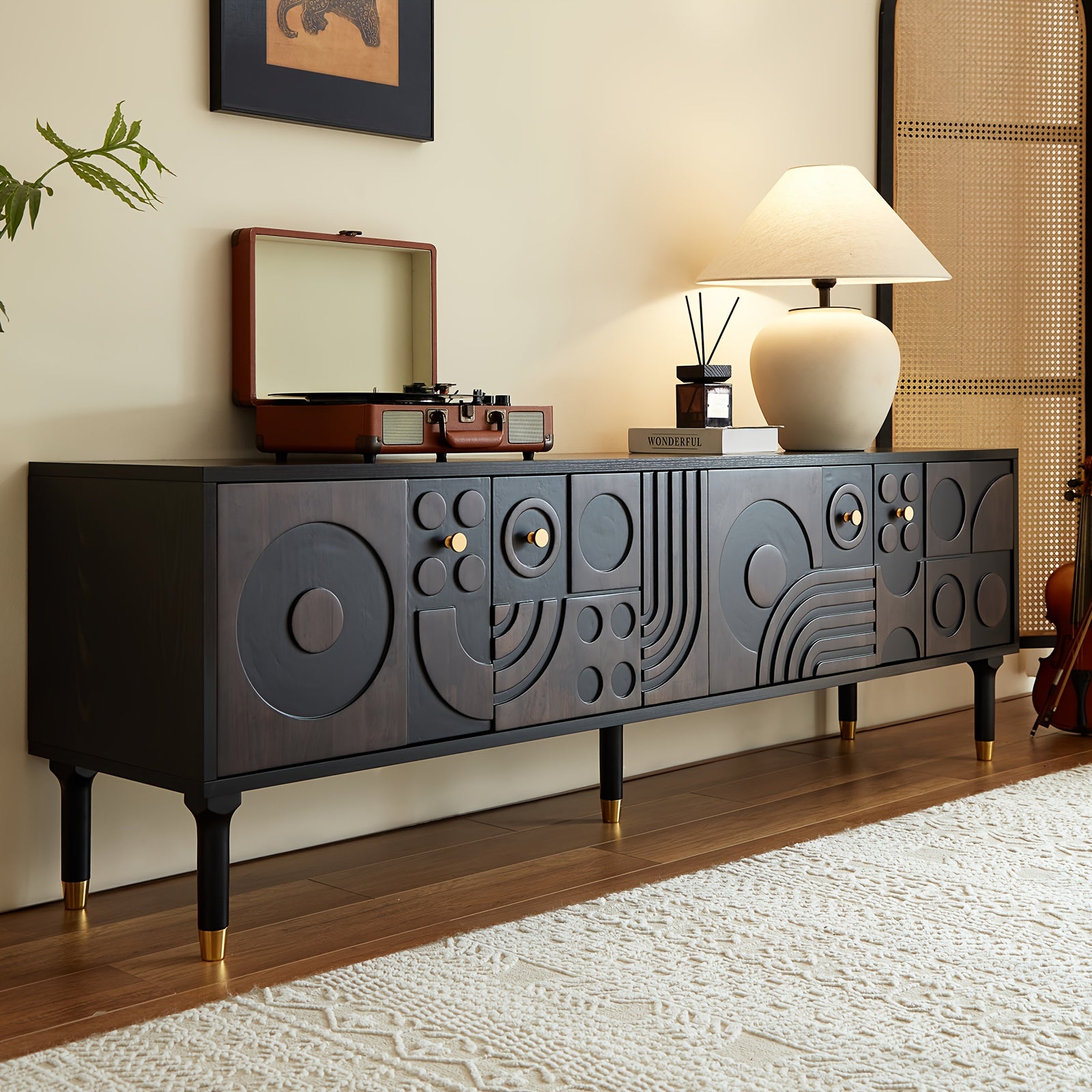 Mid-Century Modern TV Stand for 55+ Inch TVs - Black Entertainment Center with 4 Storage Cabinets, Minimalist Design, 70.87" Wide, 3.2+ Cubic Feet Capacity, 27" Height, 4-Wheel Mobility, No Power Needed, Durable Wood Construc