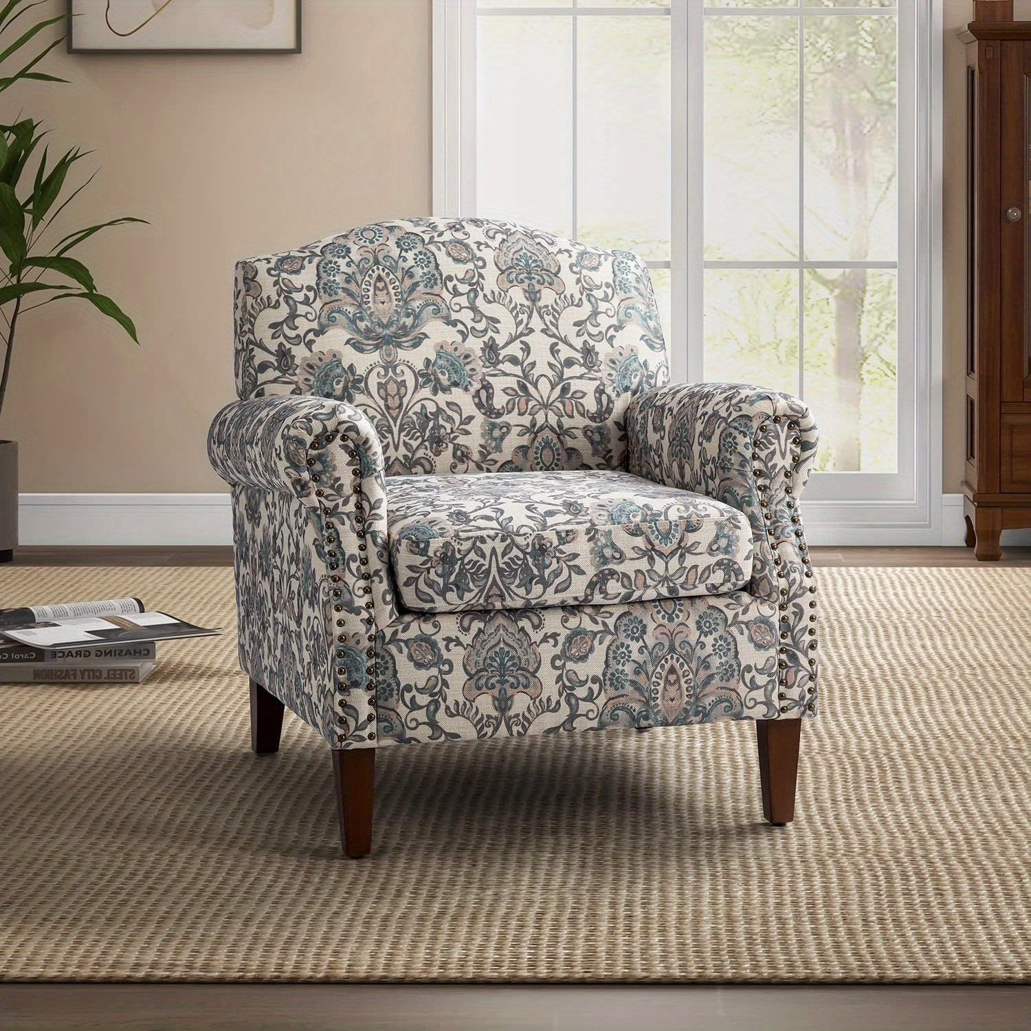 Modern Accent Chair w/ Wood Legs & Removable Cushion | Comfy Upholstered Armchair with Nailhead Trim, Floral Design, Color, HULALA HOME - Ideal for Reading, Office, Living Room