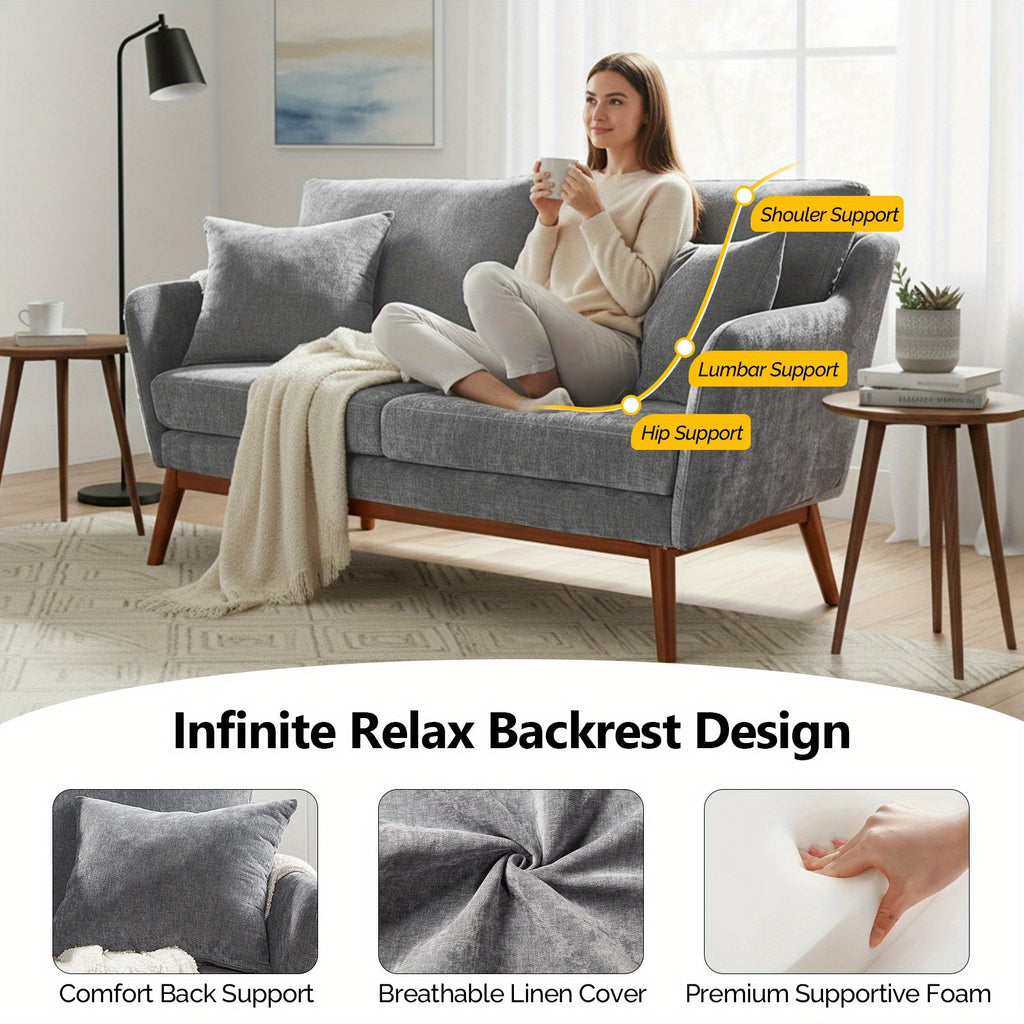 Love Seat Sofa with Solid Wood Frame & Linen Upholstery - Mid-Century Modern Minimalist Design, 2 Cushioned Seats & 2 Pillows