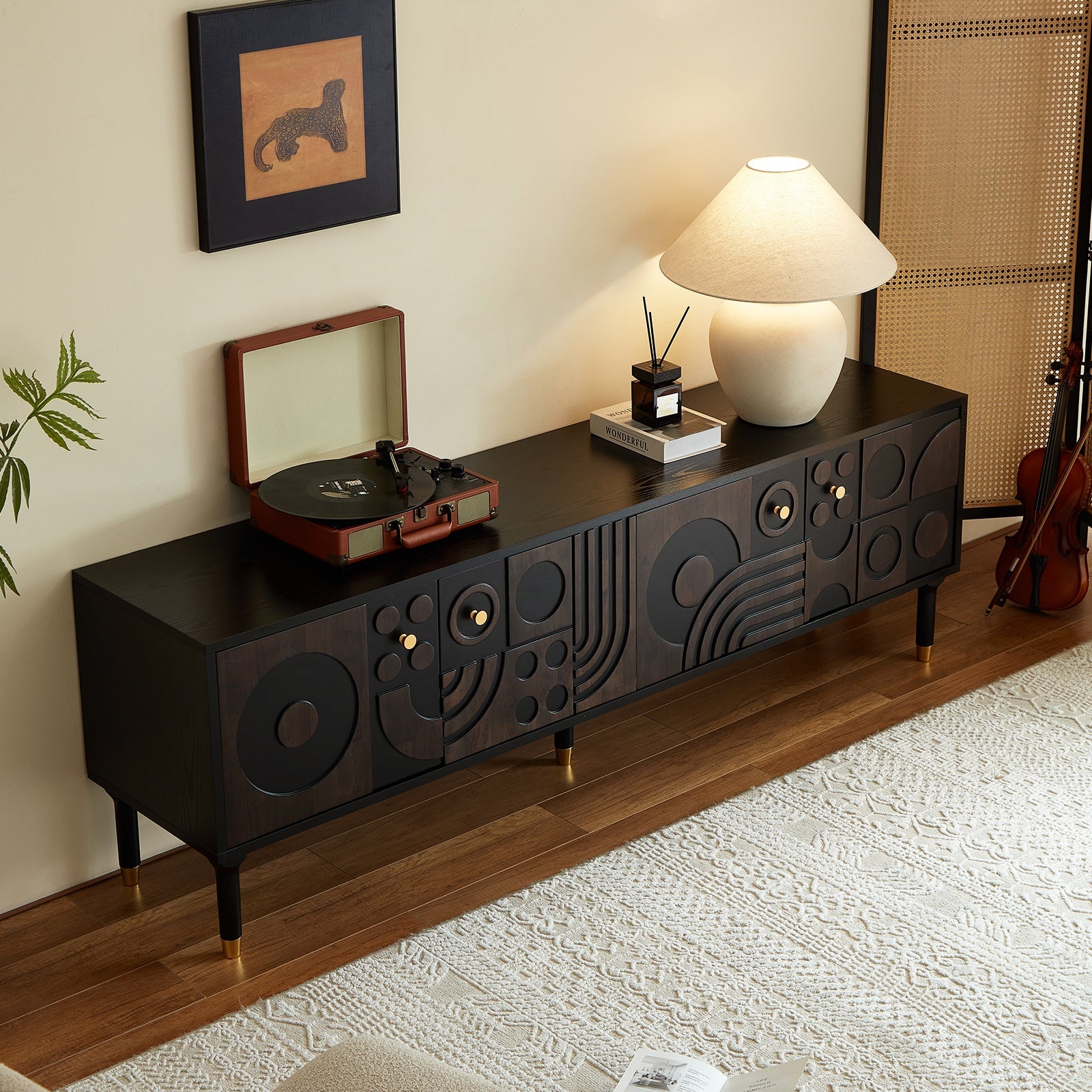 Mid-Century Modern TV Stand for 55+ Inch TVs - Black Entertainment Center with 4 Storage Cabinets, Minimalist Design, 70.87" Wide, 3.2+ Cubic Feet Capacity, 27" Height, 4-Wheel Mobility, No Power Needed, Durable Wood Construc