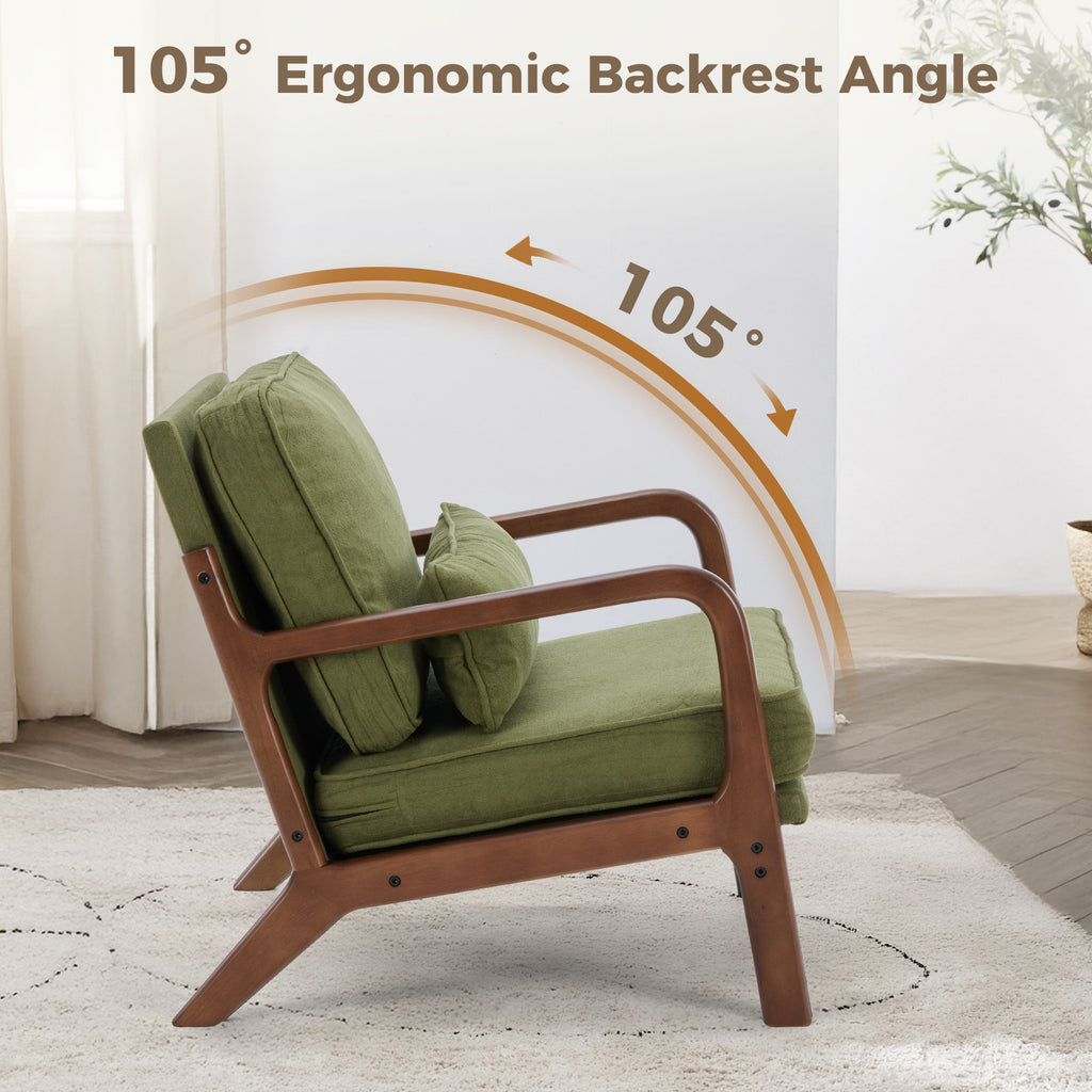 Mid-Century Modern Accent Chair with Arms and Cushion, Wooden Frame Plush Reading Lounge Chair for Living Room, Bedroom