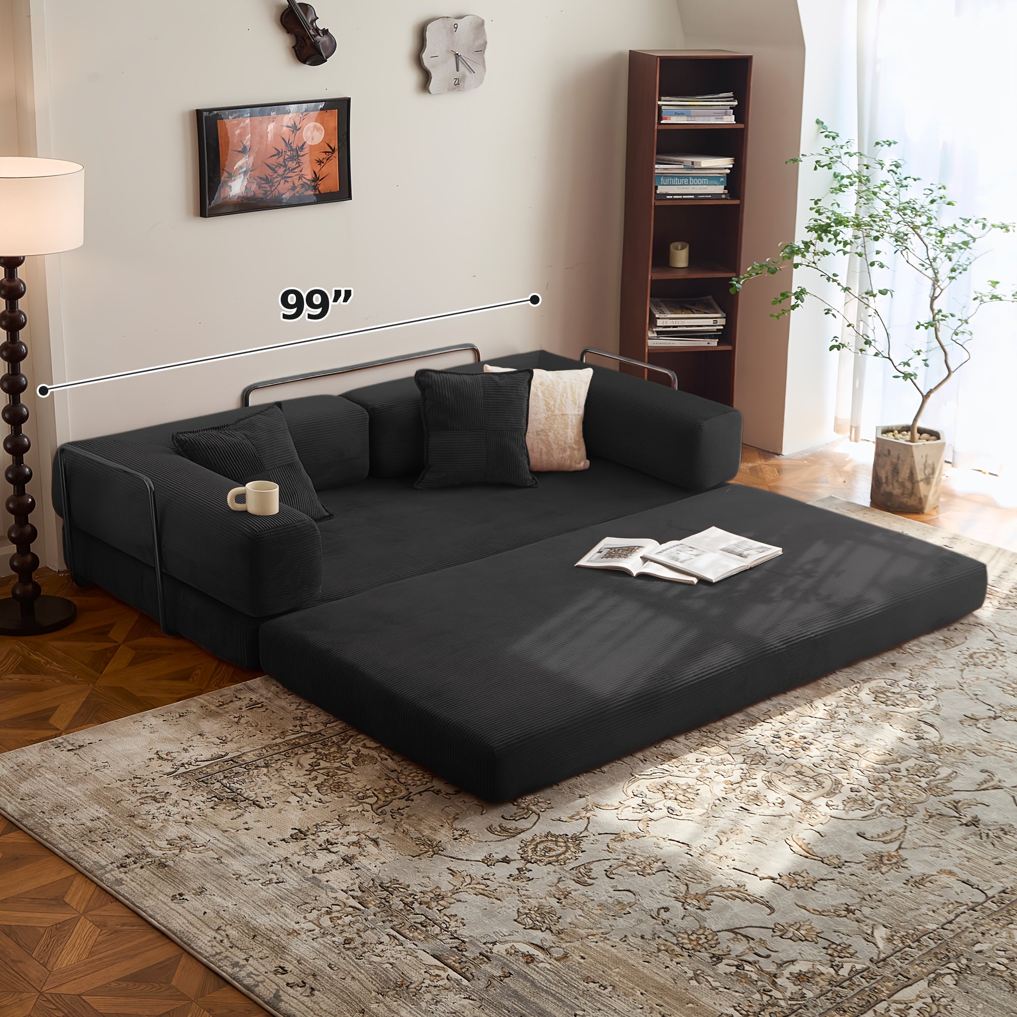 Modern Convertible Sofa Bed - Modular Sectional Floor Couch with Memory Foam Cushions, Corduroy Upholstery & Stainless Frame, 4-in-1 Configurable Space-Saving Design for Small Apartments, Easy Assembly (No Tools) -