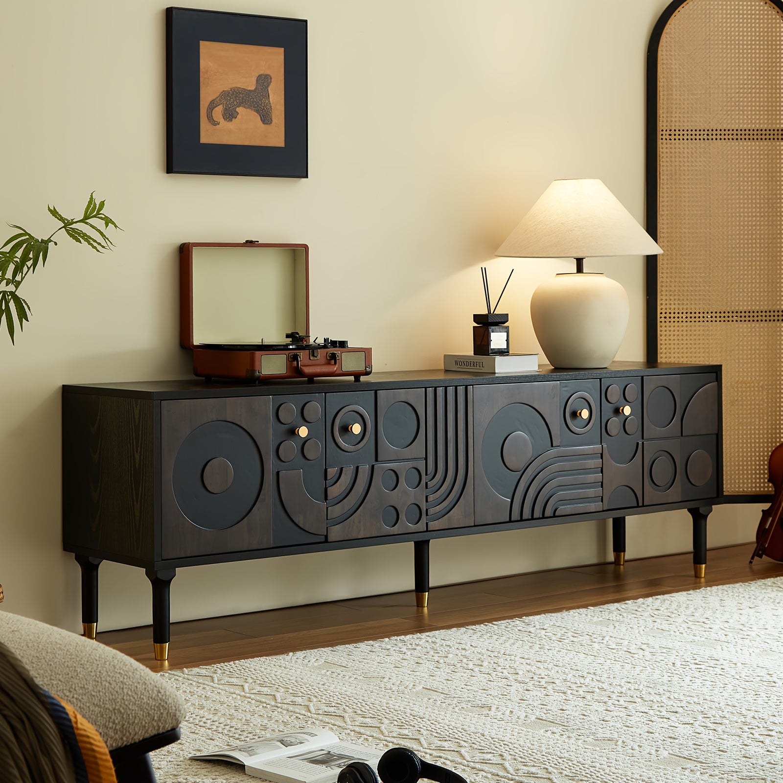 Mid-Century Modern TV Stand for 55+ Inch TVs - Black Entertainment Center with 4 Storage Cabinets, Minimalist Design, 70.87" Wide, 3.2+ Cubic Feet Capacity, 27" Height, 4-Wheel Mobility, No Power Needed, Durable Wood Construc