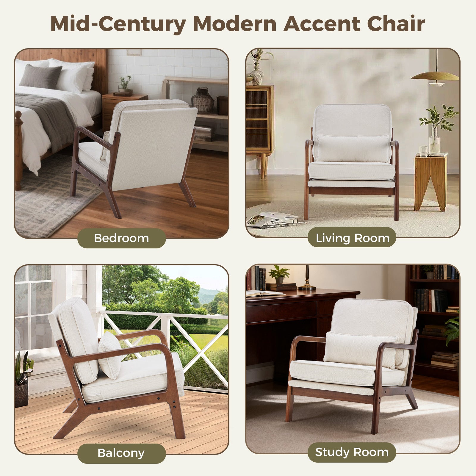 Mid-Century Modern Accent Chair with Arms and Cushion, Wooden Frame Plush Reading Lounge Chair for Living Room, Bedroom