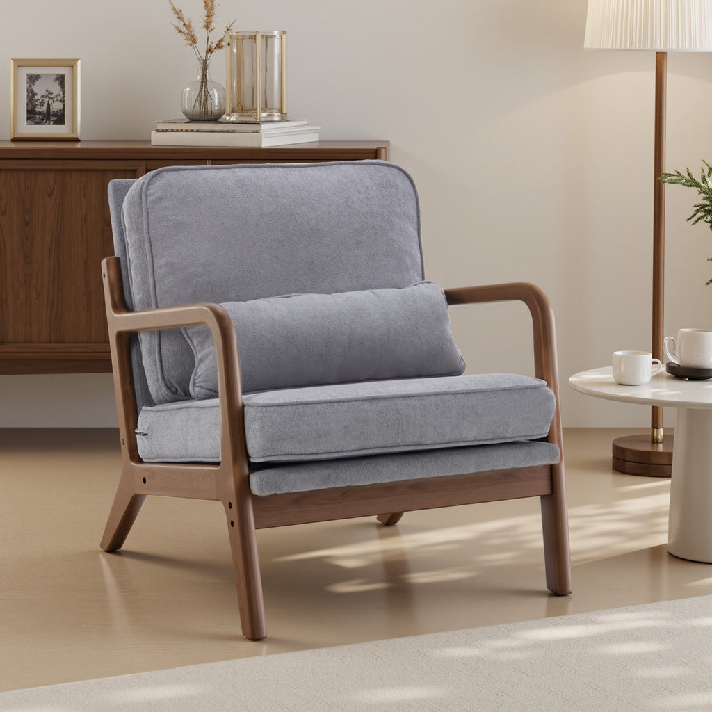 Mid-Century Modern Accent Chair with Arms and Cushion, Wooden Frame Plush Reading Lounge Chair for Living Room, Bedroom