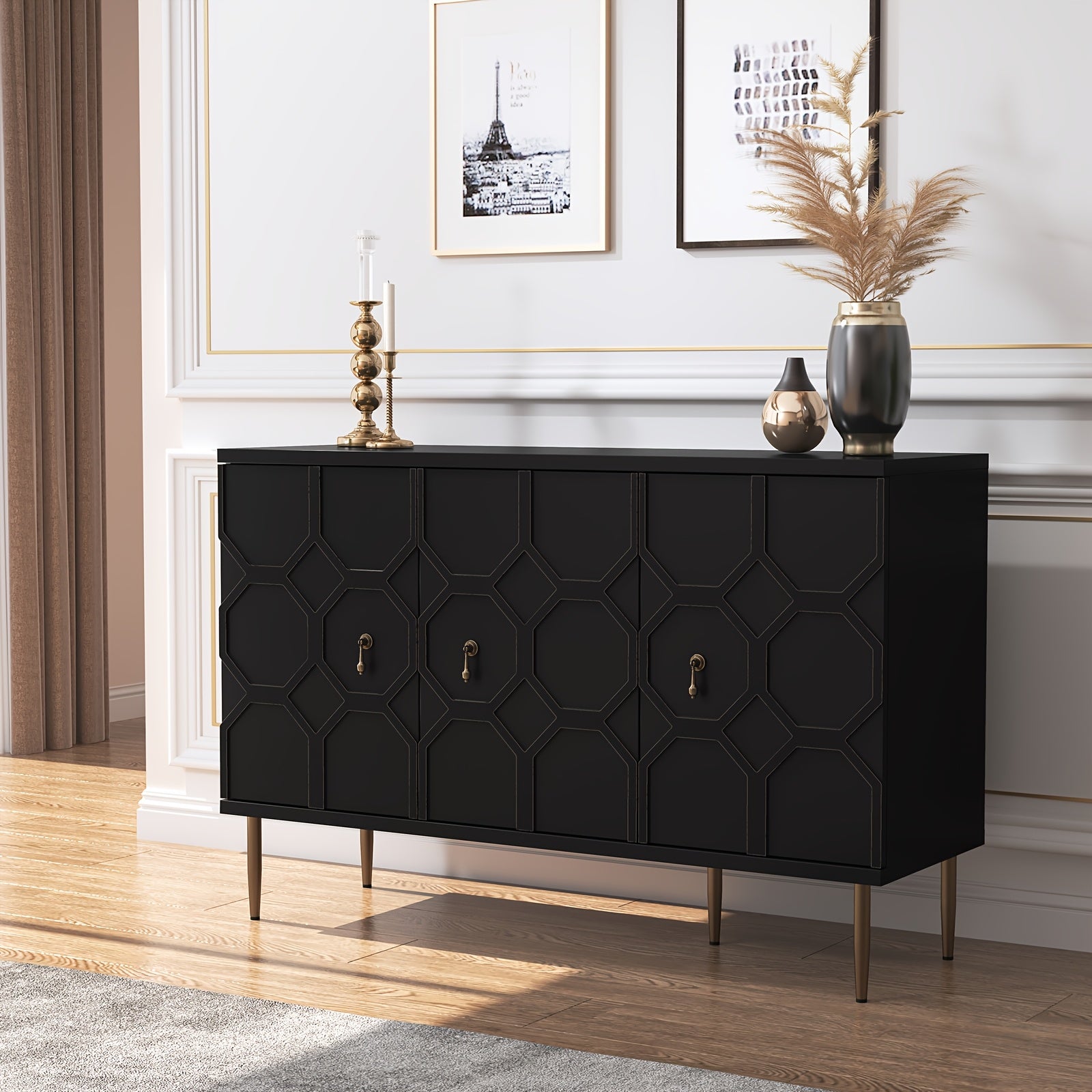 Sideboard Accent Buffet Cabinet With 3 Decorative Embossed Pattern Doors, Credenza Storage Cabinet For Living Room, Kitchen, Dining Room, Hallway
