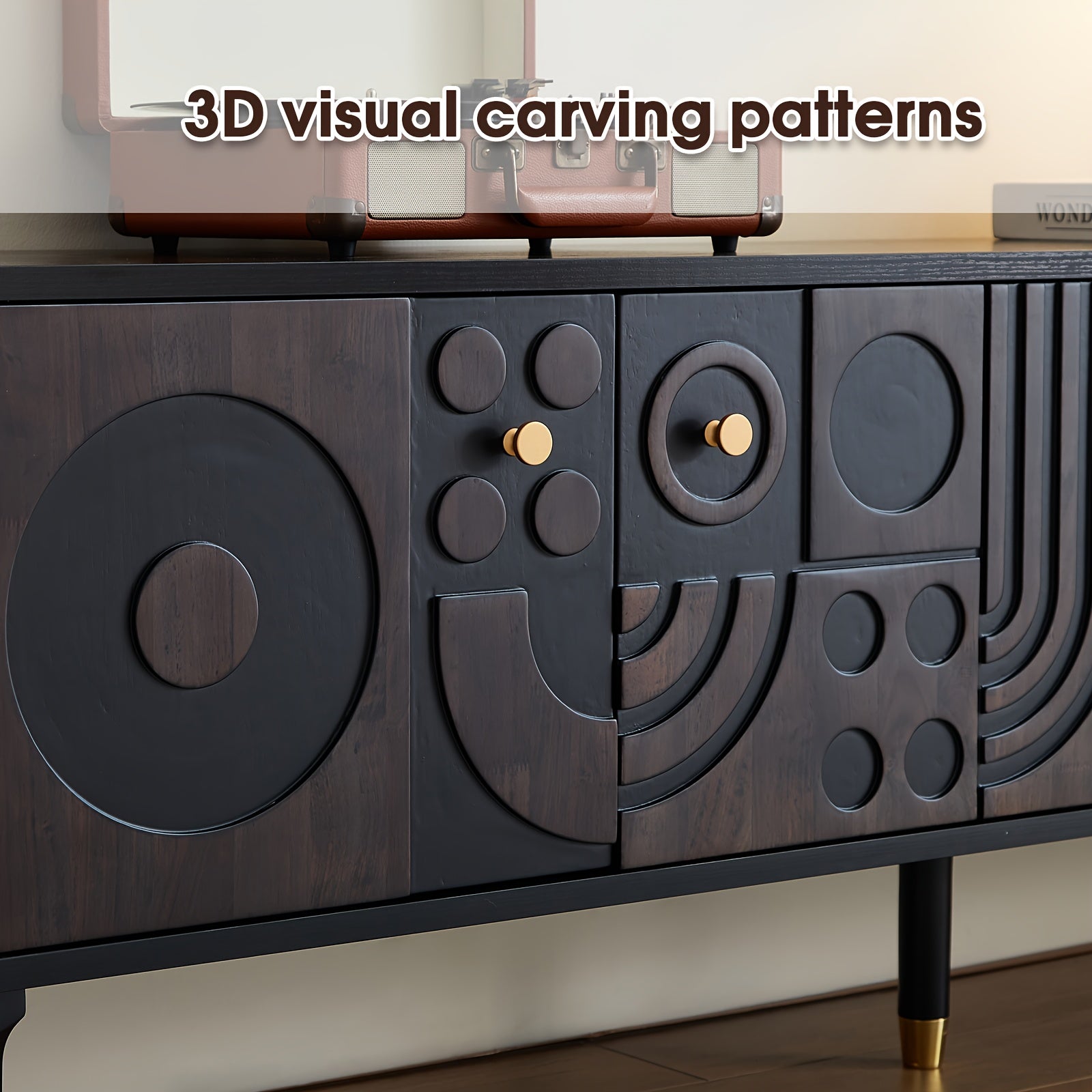 Mid-Century Modern TV Stand for 55+ Inch TVs - Black Entertainment Center with 4 Storage Cabinets, Minimalist Design, 70.87" Wide, 3.2+ Cubic Feet Capacity, 27" Height, 4-Wheel Mobility, No Power Needed, Durable Wood Construc