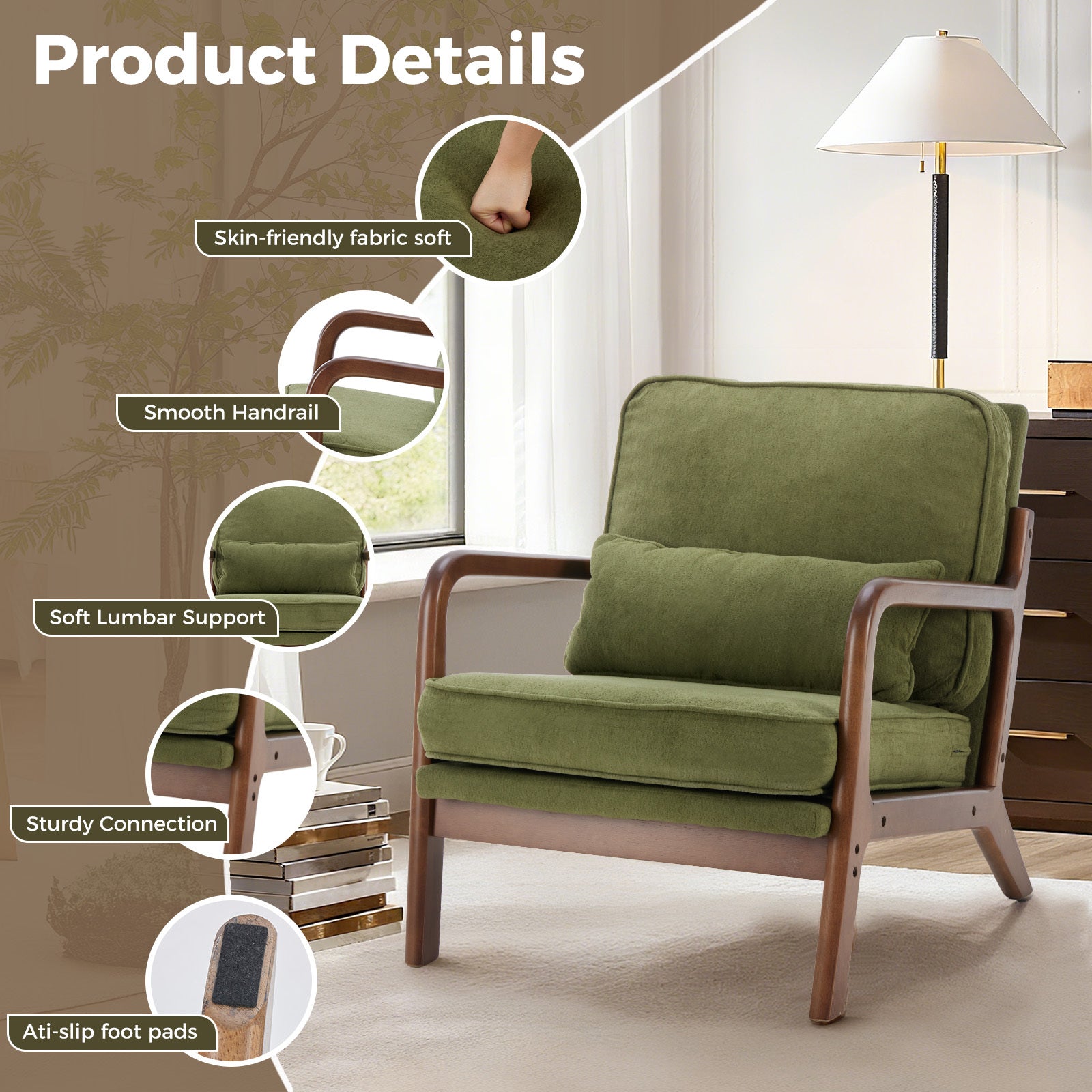 Mid-Century Modern Accent Chair with Arms and Cushion, Wooden Frame Plush Reading Lounge Chair for Living Room, Bedroom