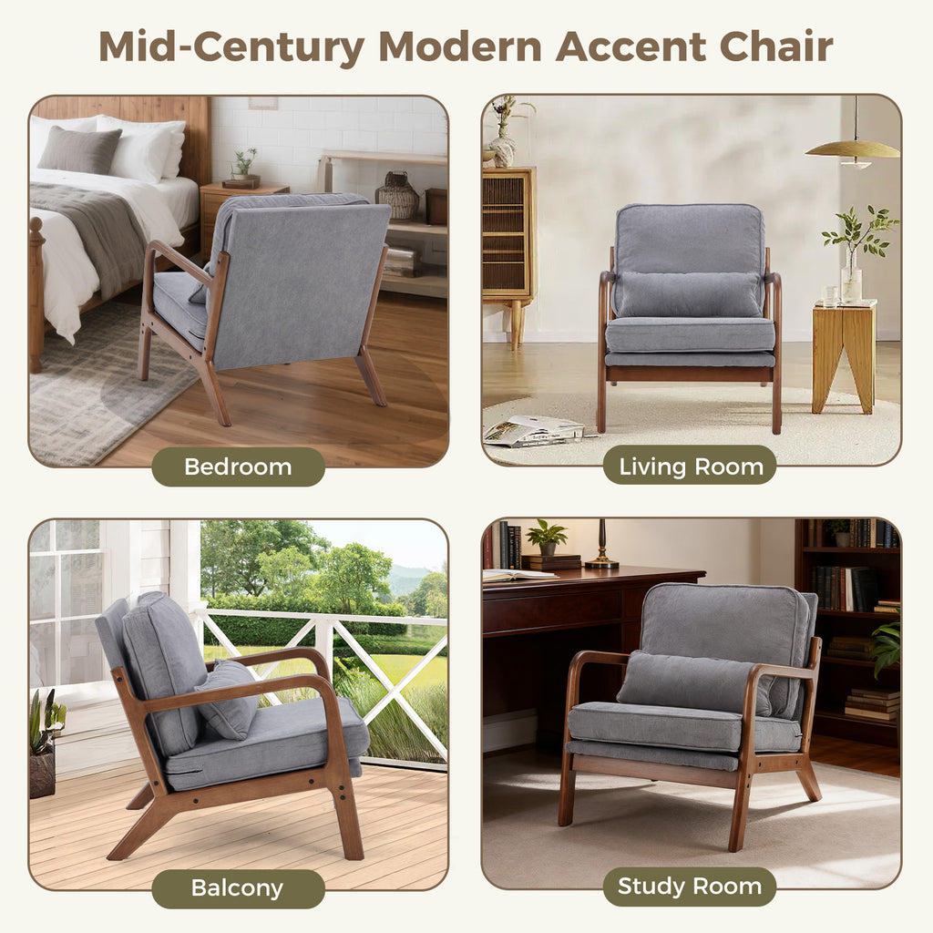 Mid-Century Modern Accent Chair with Arms and Cushion, Wooden Frame Plush Reading Lounge Chair for Living Room, Bedroom