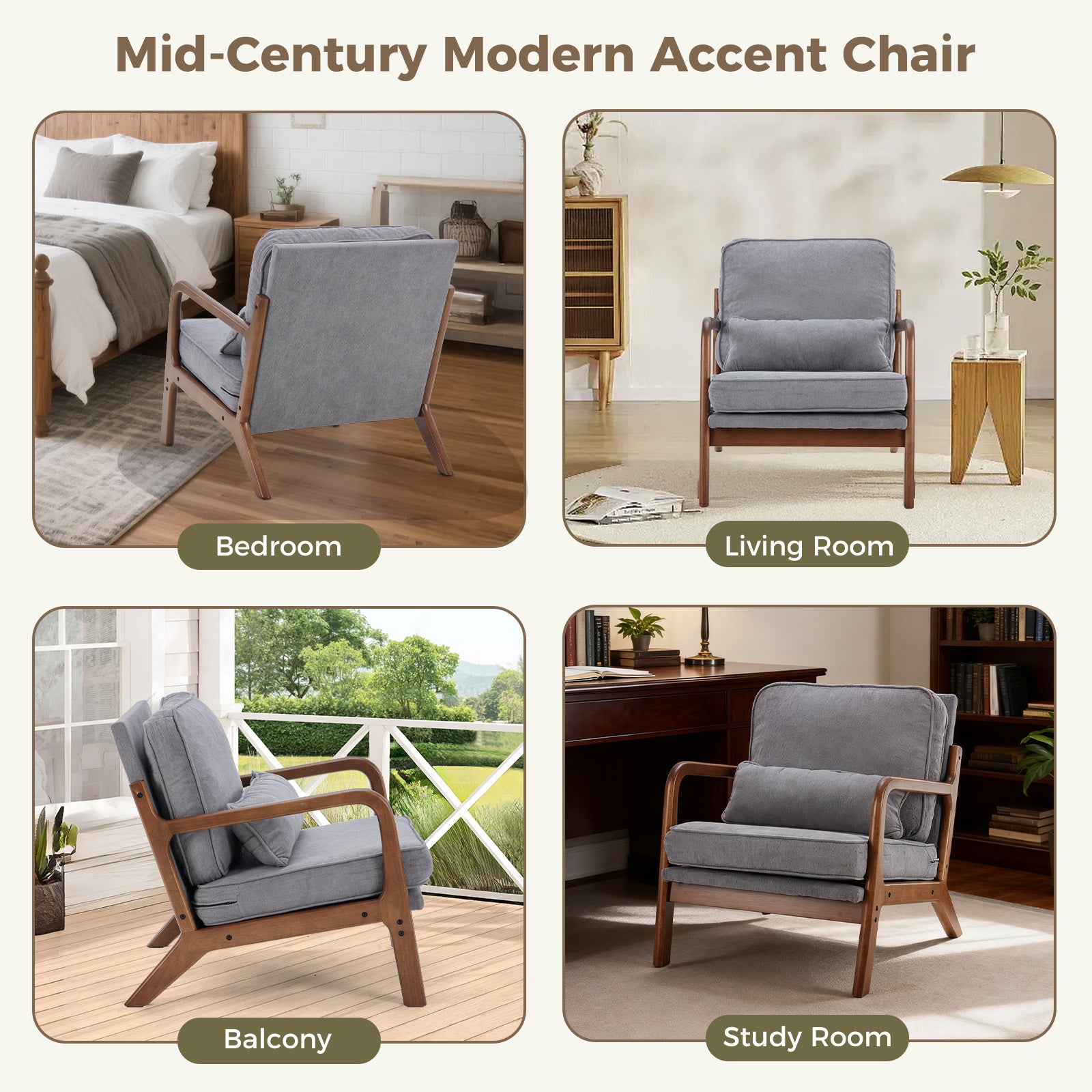 Mid-Century Modern Accent Chair with Arms and Cushion, Wooden Frame Plush Reading Lounge Chair for Living Room, Bedroom