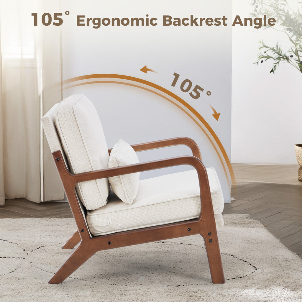 Mid-Century Modern Accent Chair with Arms and Cushion, Wooden Frame Plush Reading Lounge Chair for Living Room, Bedroom