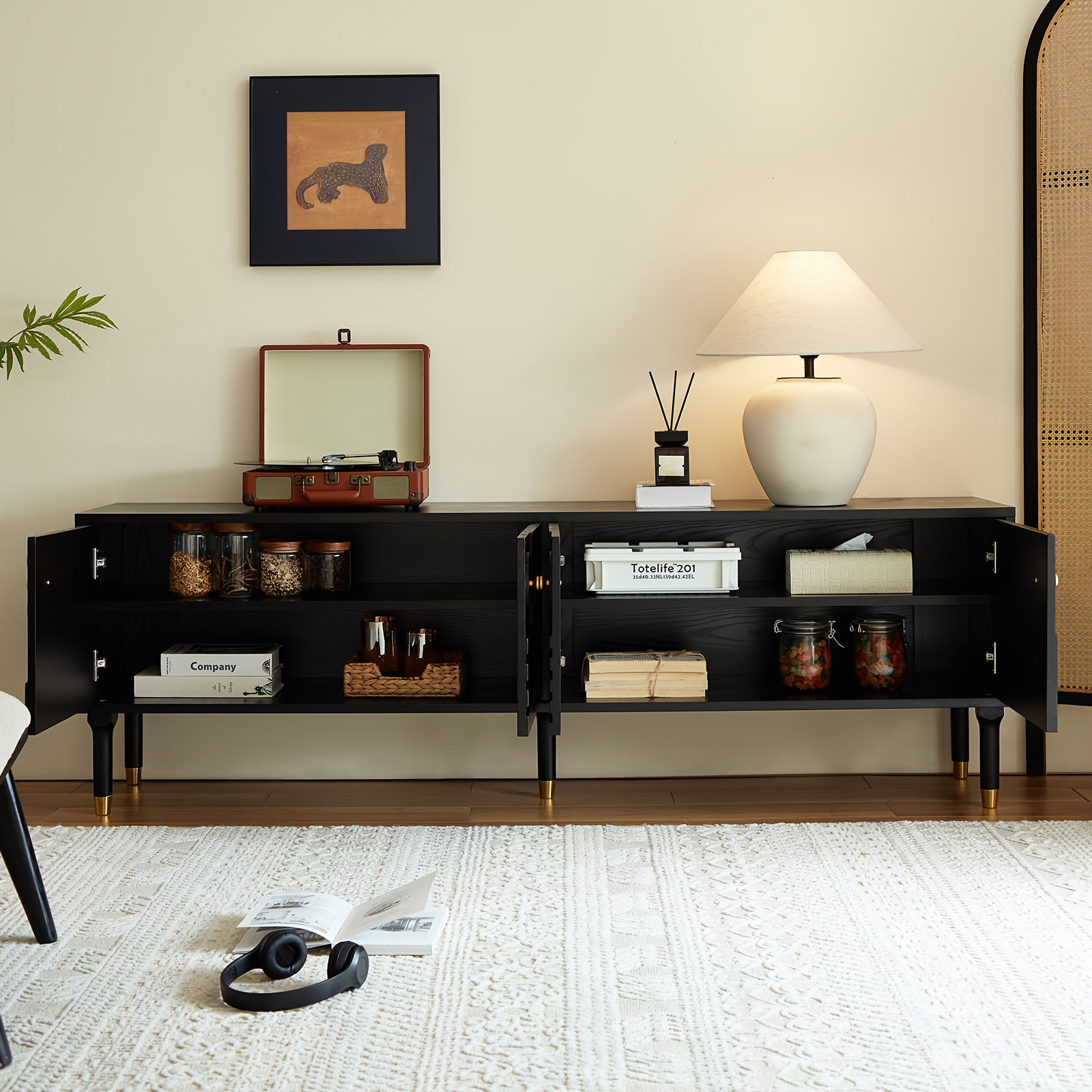 Mid-Century Modern TV Stand for 55+ Inch TVs - Black Entertainment Center with 4 Storage Cabinets, Minimalist Design, 70.87" Wide, 3.2+ Cubic Feet Capacity, 27" Height, 4-Wheel Mobility, No Power Needed, Durable Wood Construc