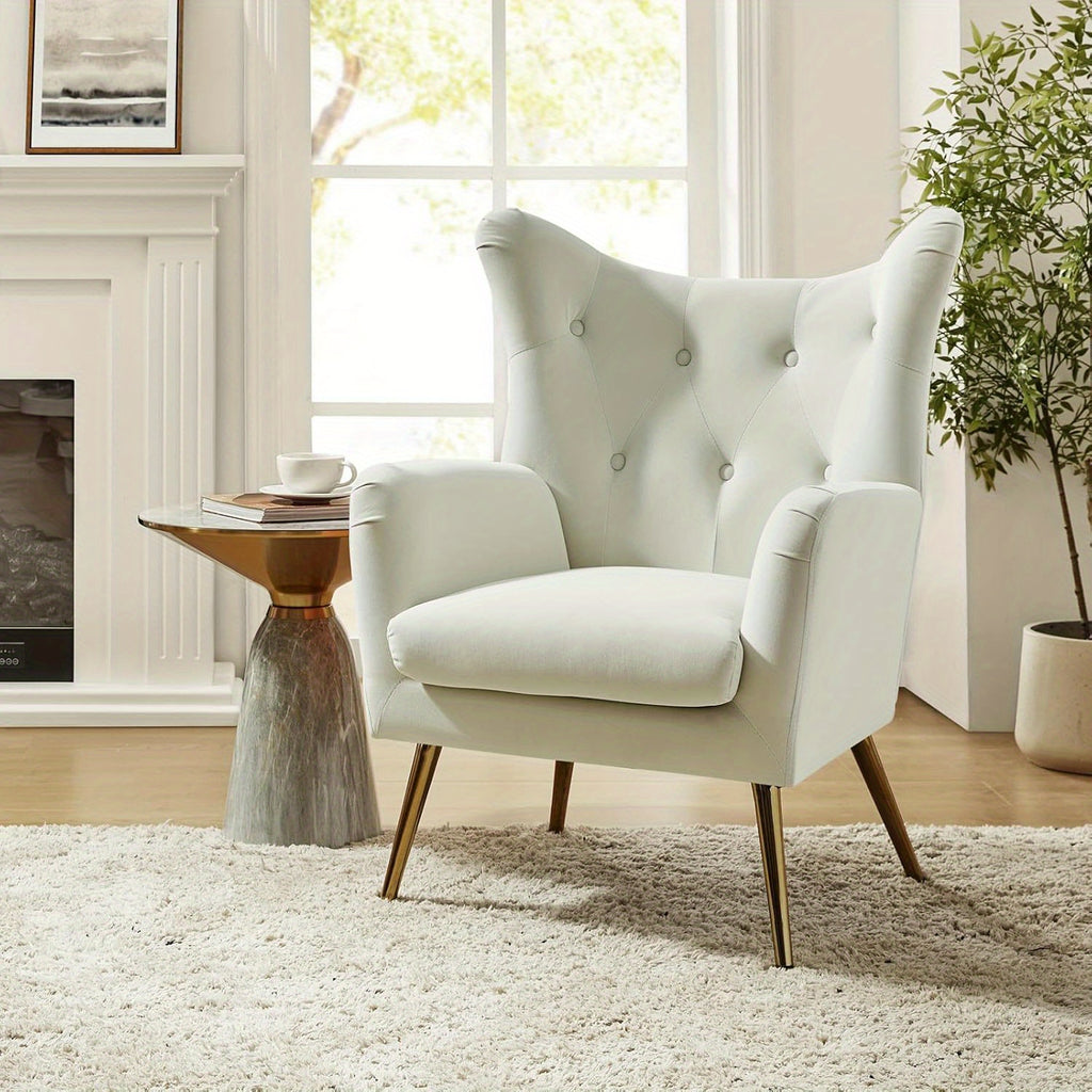 Modern Velvet Wingback Arm Chair with Golden Metal Legs - Tufted Upholstered Accent Chair in Blue/Yellow, Wood Frame, Perfect for Living Room, Bedroom, or Dining Room, Chair for Living Room