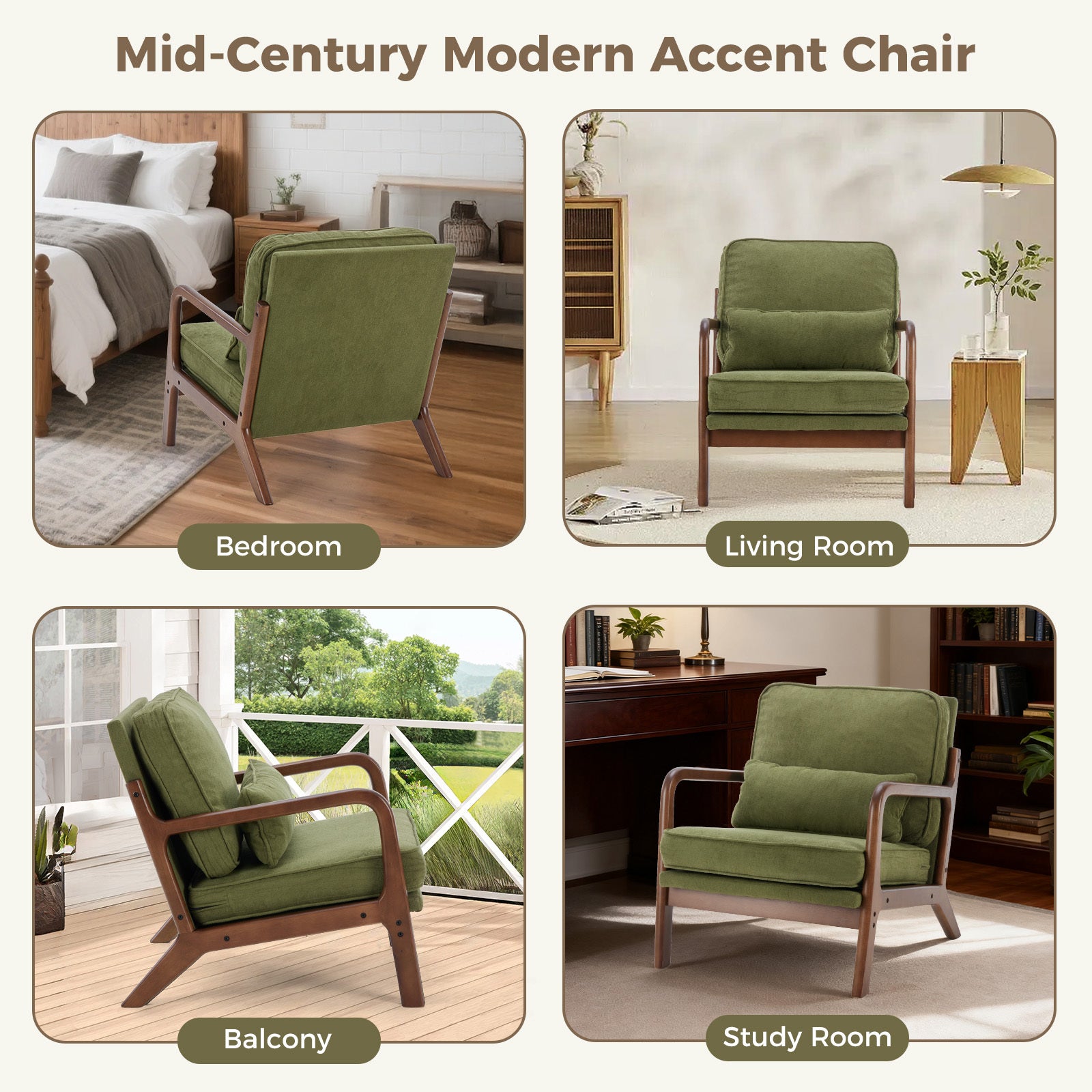 Mid-Century Modern Accent Chair with Arms and Cushion, Wooden Frame Plush Reading Lounge Chair for Living Room, Bedroom