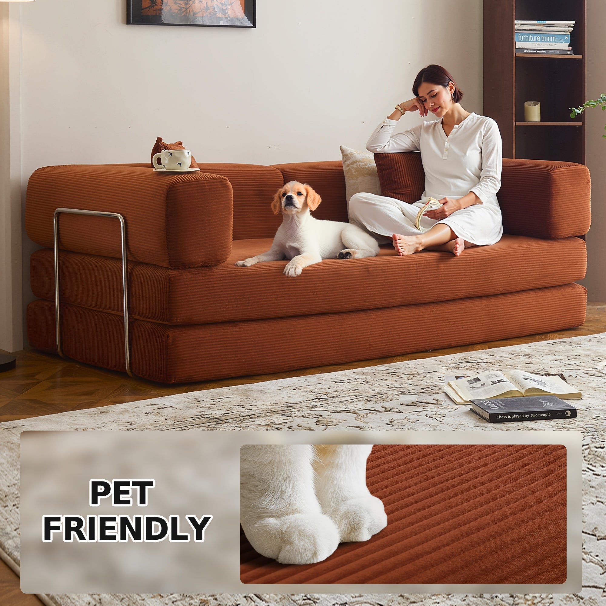 Modern Convertible Sofa Bed - Modular Sectional Floor Couch with Memory Foam Cushions, Corduroy Upholstery & Stainless Frame, 4-in-1 Configurable Space-Saving Design for Small Apartments, Easy Assembly (No Tools) -