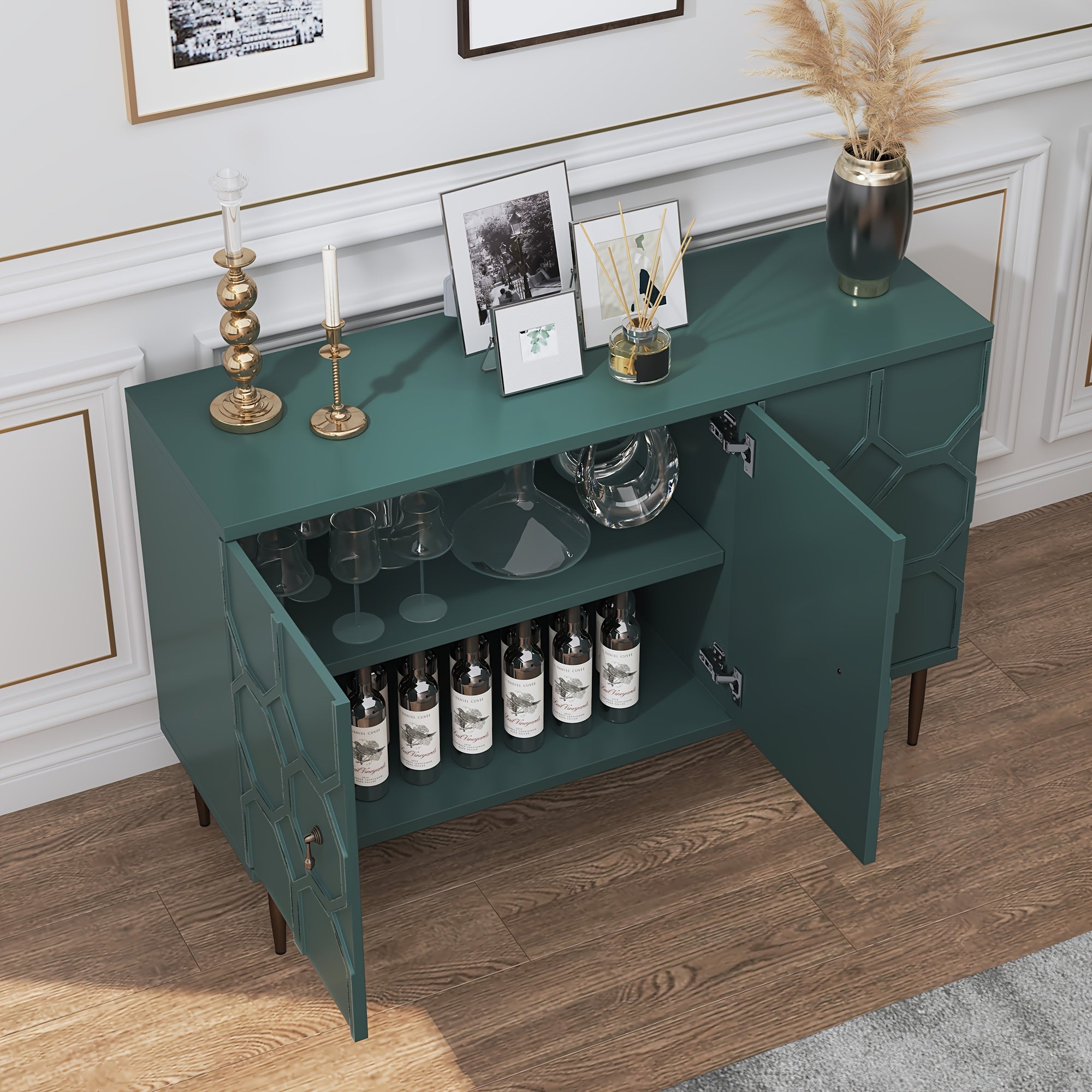 Sideboard Accent Buffet Cabinet With 3 Decorative Embossed Pattern Doors, Credenza Storage Cabinet For Living Room, Kitchen, Dining Room, Hallway