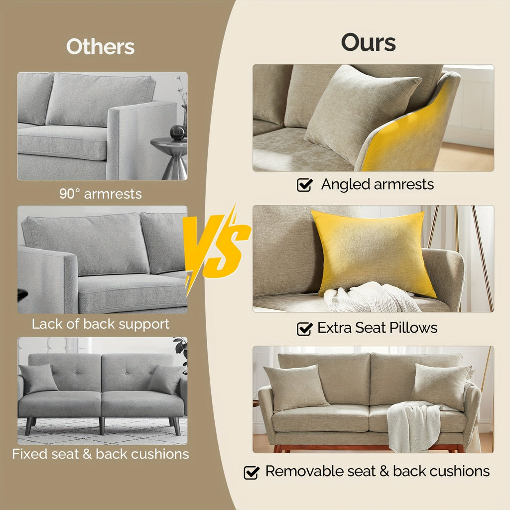 Love Seat Sofa with Solid Wood Frame & Linen Upholstery - Mid-Century Modern Minimalist Design, 2 Cushioned Seats & 2 Pillows