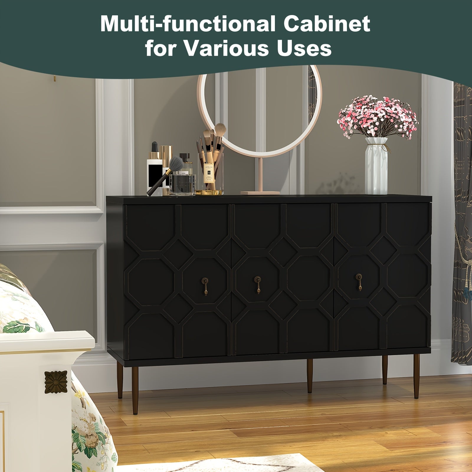 Sideboard Accent Buffet Cabinet With 3 Decorative Embossed Pattern Doors, Credenza Storage Cabinet For Living Room, Kitchen, Dining Room, Hallway