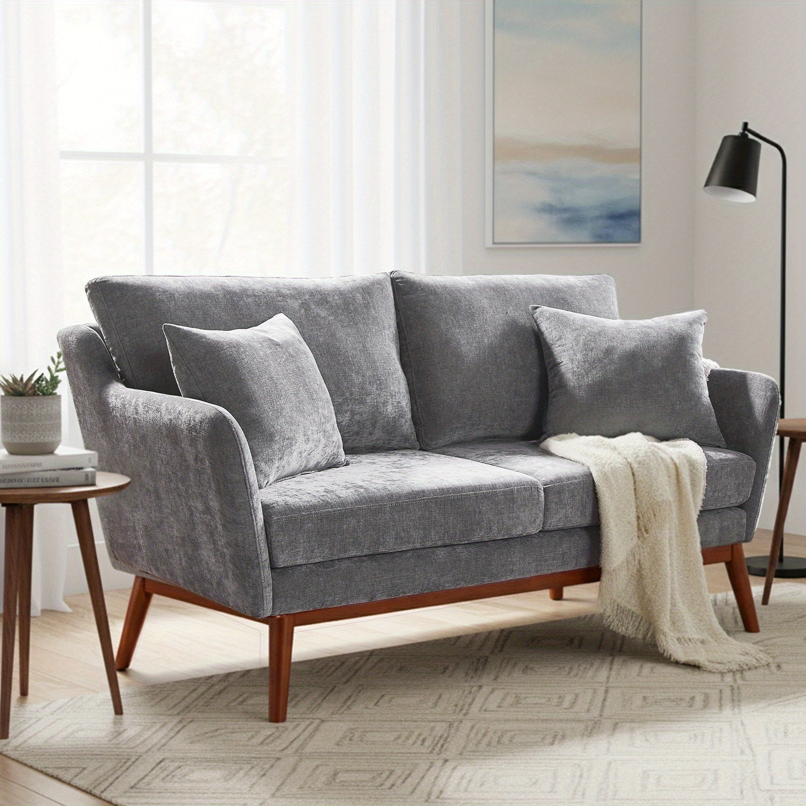 Love Seat Sofa with Solid Wood Frame & Linen Upholstery - Mid-Century Modern Minimalist Design, 2 Cushioned Seats & 2 Pillows