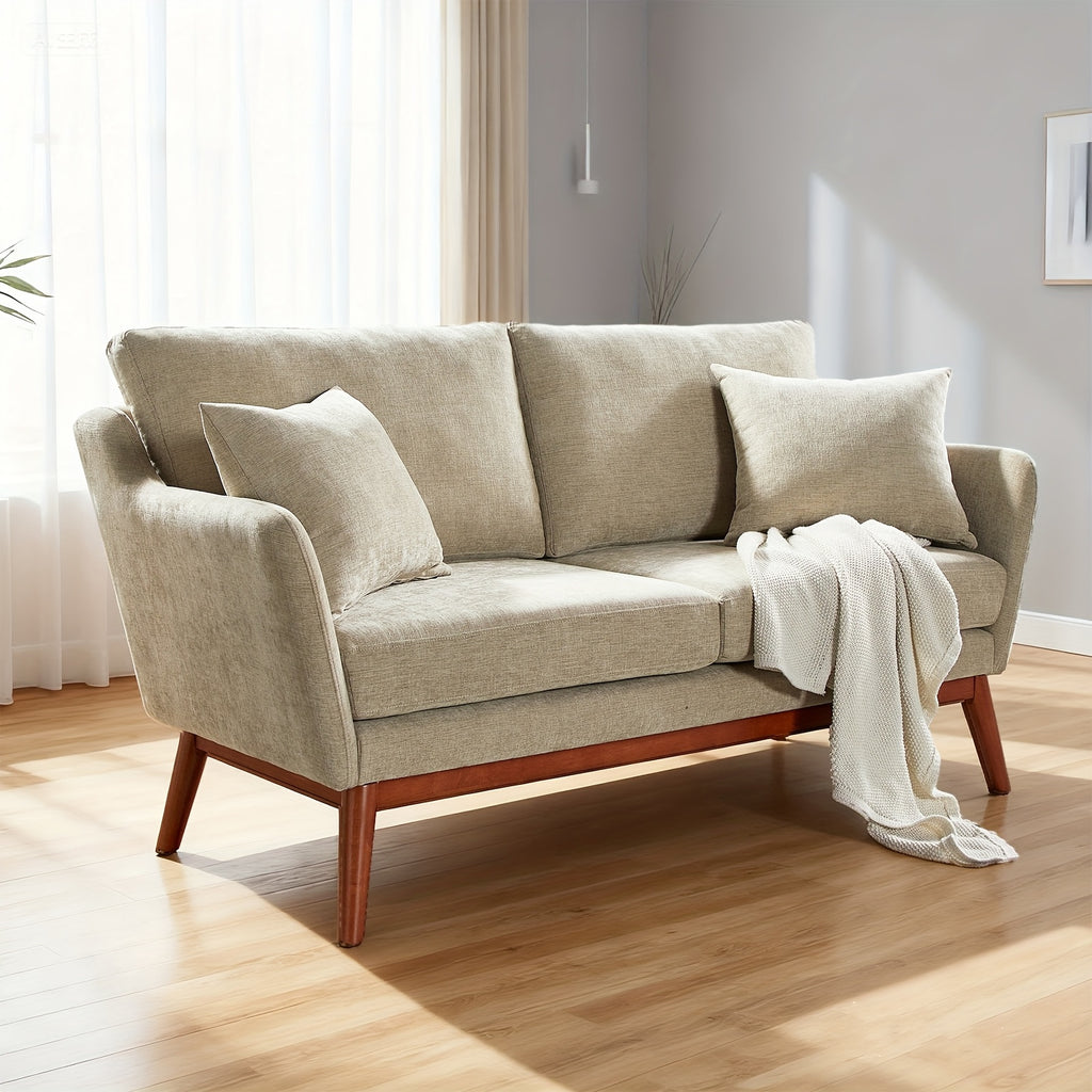 Love Seat Sofa with Solid Wood Frame & Linen Upholstery - Mid-Century Modern Minimalist Design, 2 Cushioned Seats & 2 Pillows