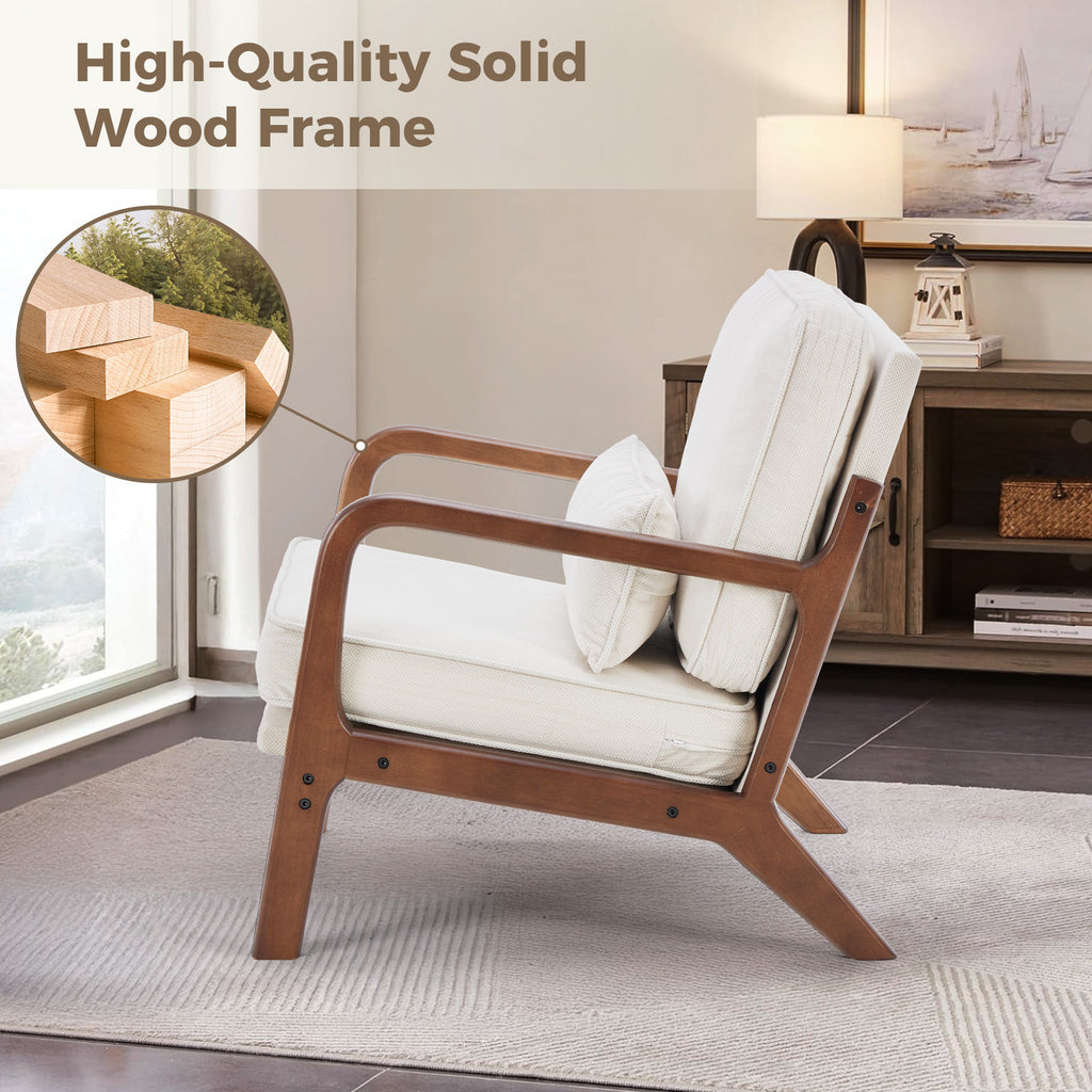 Mid-Century Modern Accent Chair with Arms and Cushion, Wooden Frame Plush Reading Lounge Chair for Living Room, Bedroom