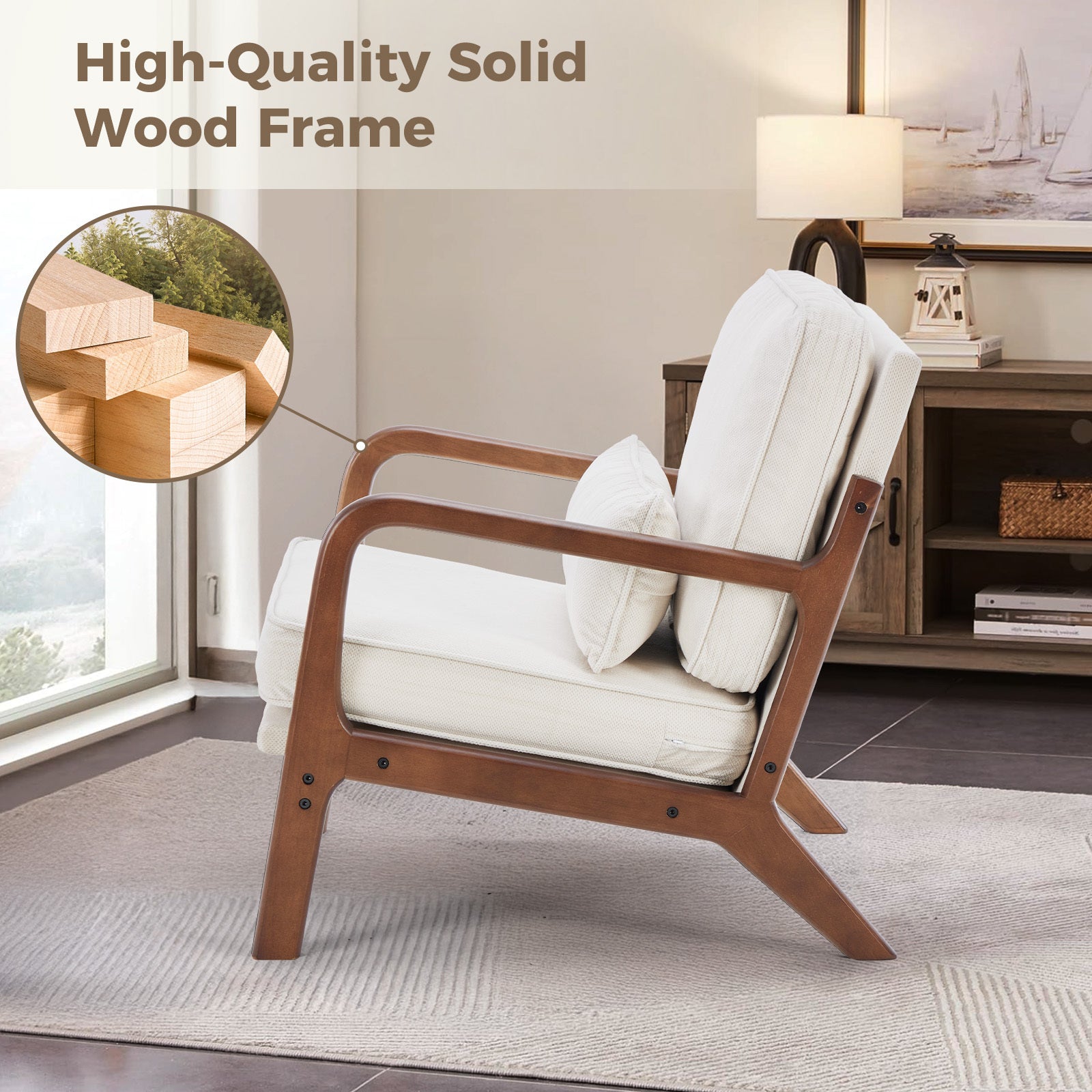 Mid-Century Modern Accent Chair with Arms and Cushion, Wooden Frame Plush Reading Lounge Chair for Living Room, Bedroom