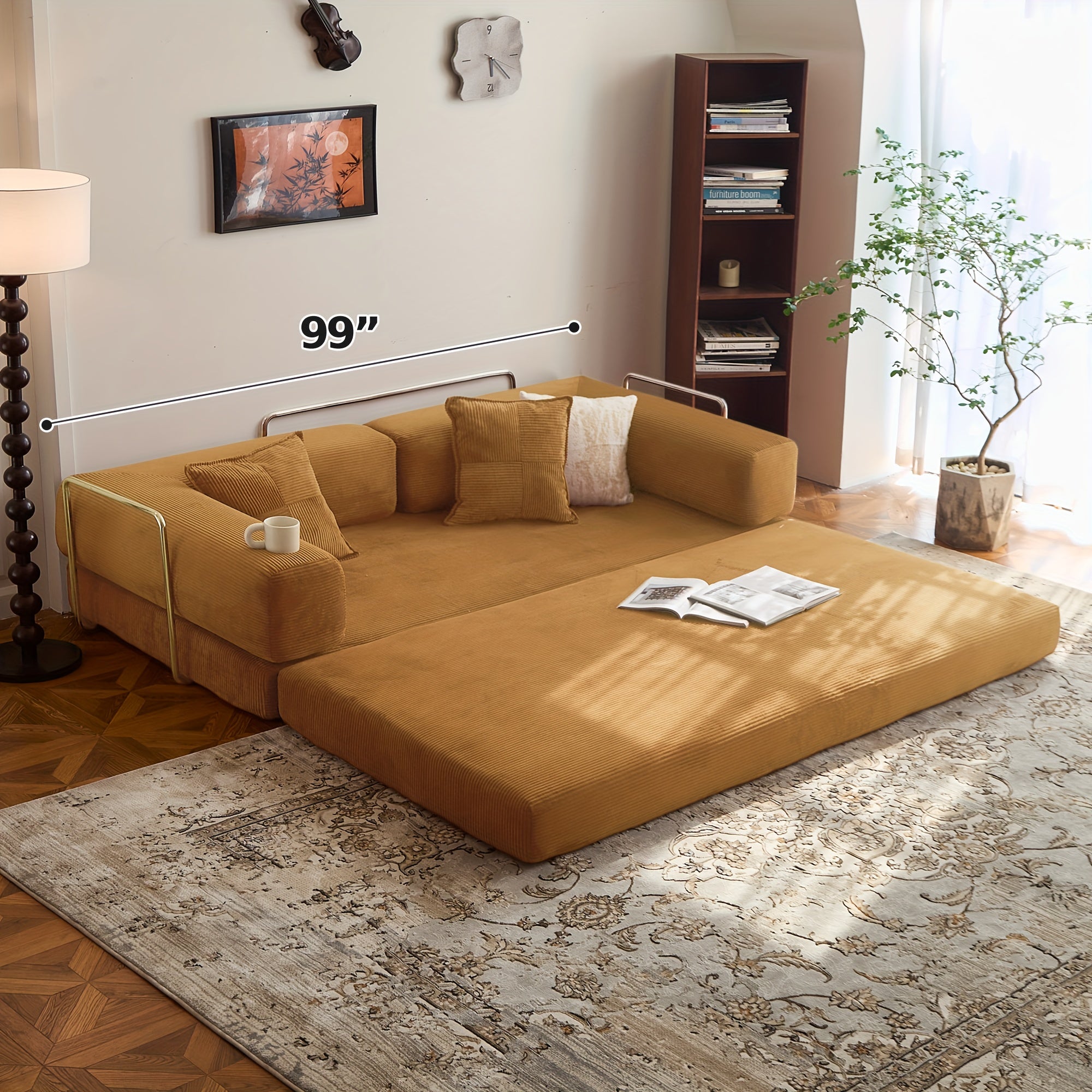 Modern Convertible Sofa Bed - Modular Sectional Floor Couch with Memory Foam Cushions, Corduroy Upholstery & Stainless Frame, 4-in-1 Configurable Space-Saving Design for Small Apartments, Easy Assembly (No Tools) -