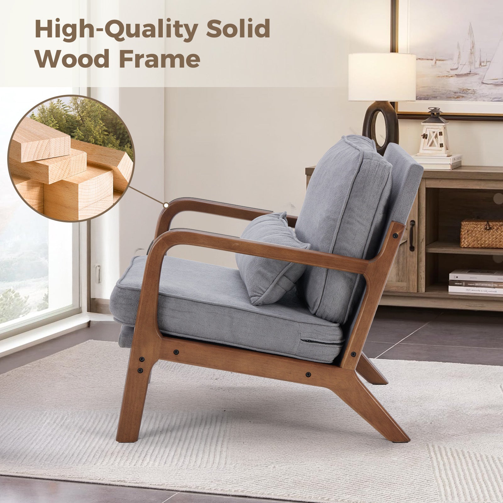 Mid-Century Modern Accent Chair with Arms and Cushion, Wooden Frame Plush Reading Lounge Chair for Living Room, Bedroom