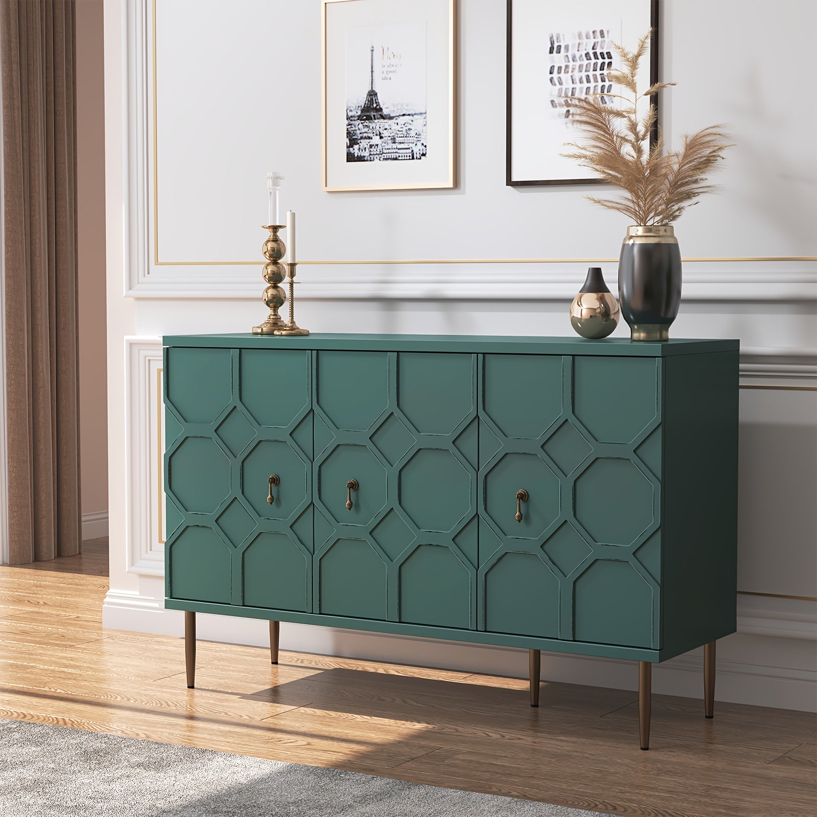 Sideboard Accent Buffet Cabinet With 3 Decorative Embossed Pattern Doors, Credenza Storage Cabinet For Living Room, Kitchen, Dining Room, Hallway