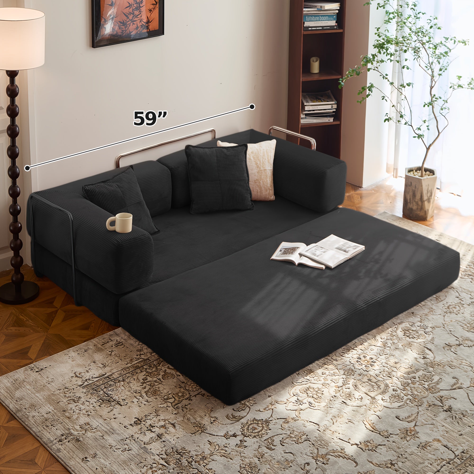 Modern Convertible Sofa Bed - Modular Sectional Floor Couch with Memory Foam Cushions, Corduroy Upholstery & Stainless Frame, 4-in-1 Configurable Space-Saving Design for Small Apartments, Easy Assembly (No Tools) -