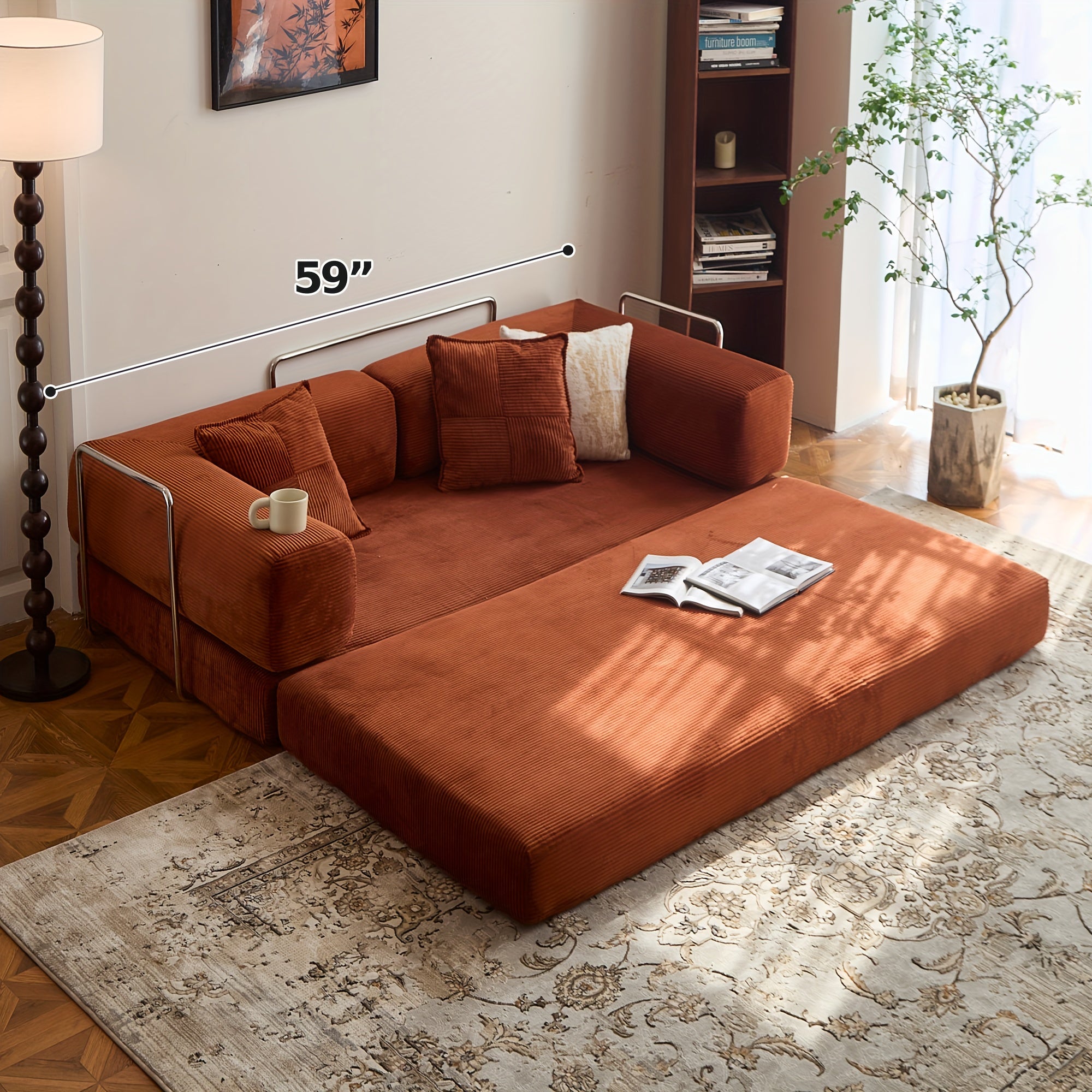 Modern Convertible Sofa Bed - Modular Sectional Floor Couch with Memory Foam Cushions, Corduroy Upholstery & Stainless Frame, 4-in-1 Configurable Space-Saving Design for Small Apartments, Easy Assembly (No Tools) -