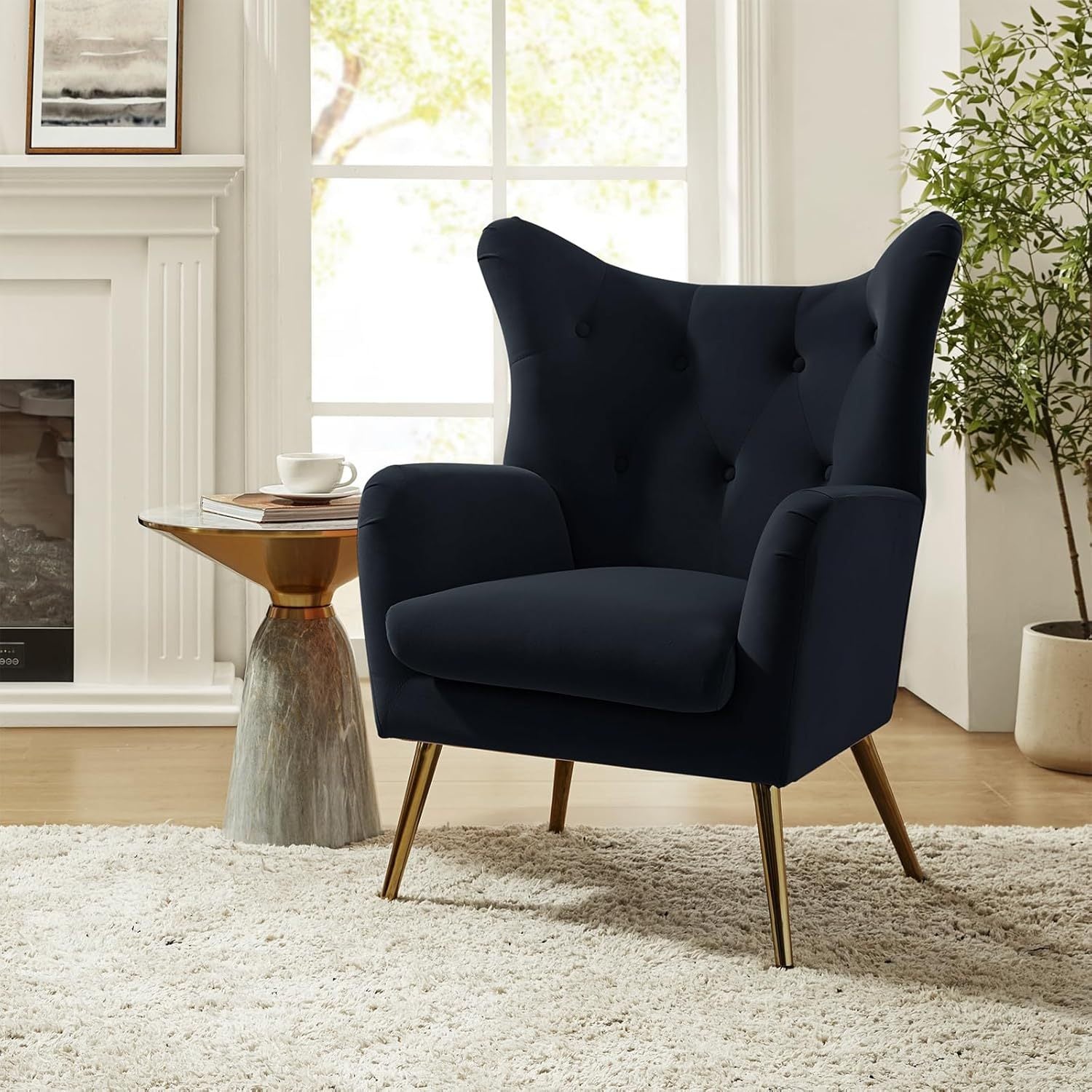 Modern Velvet Wingback Arm Chair with Golden Metal Legs - Tufted Upholstered Accent Chair in Blue/Yellow, Wood Frame, Perfect for Living Room, Bedroom, or Dining Room, Chair for Living Room