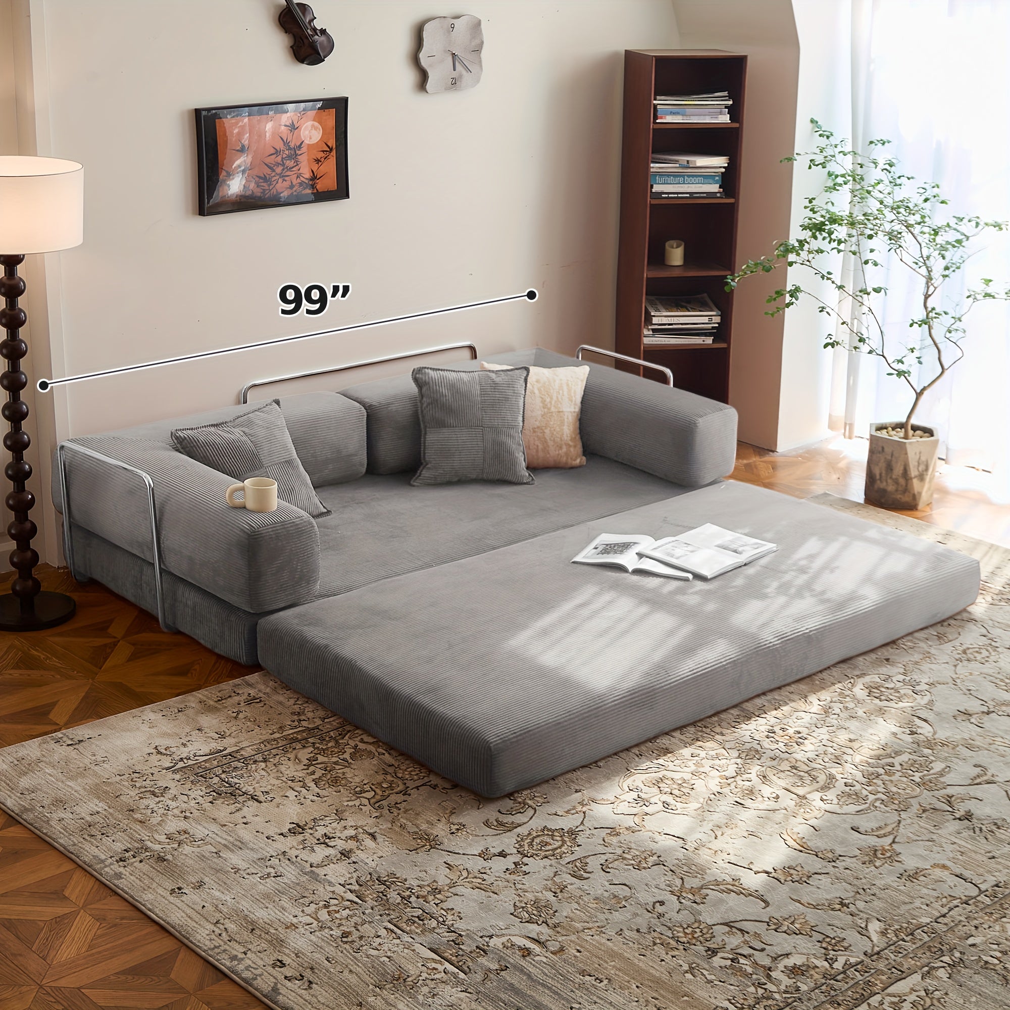 Modern Convertible Sofa Bed - Modular Sectional Floor Couch with Memory Foam Cushions, Corduroy Upholstery & Stainless Frame, 4-in-1 Configurable Space-Saving Design for Small Apartments, Easy Assembly (No Tools) -