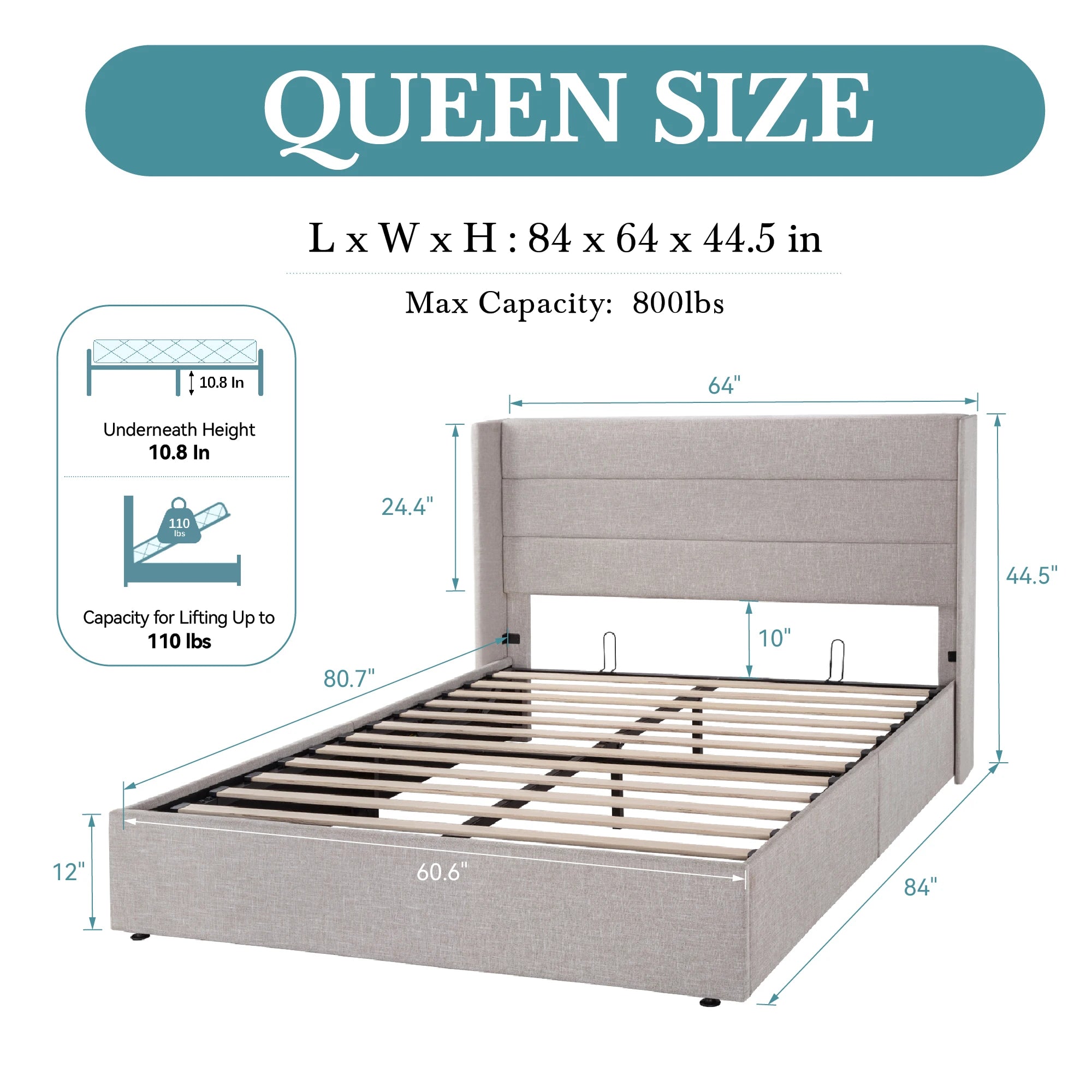 Lift Up Storage Bed with Wingback Headboard/Heavy-Duty Hydraulic Bed/Large Underneath Storage