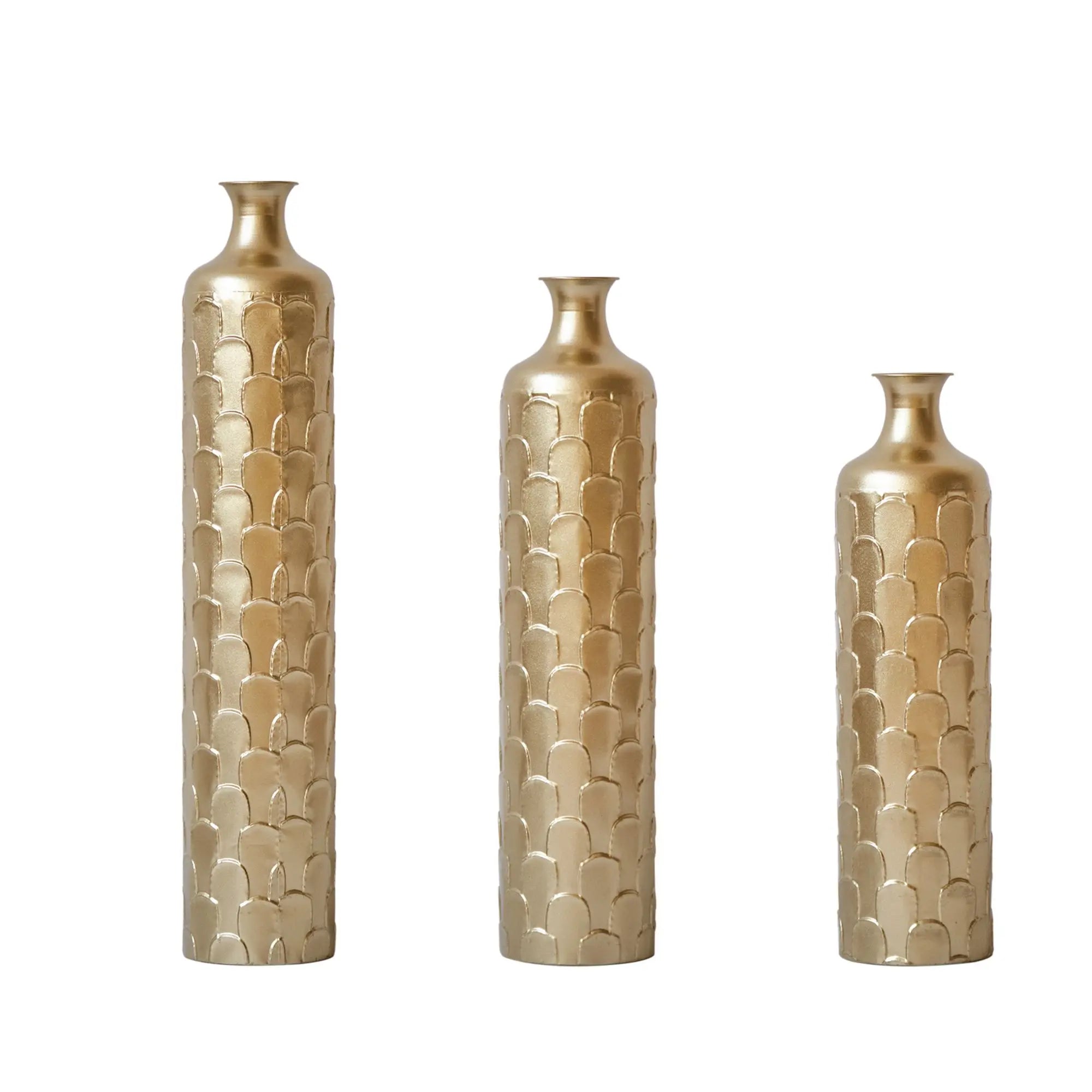 DB Home Decor Set of 3 Large Glazed White Metal Vases Luxury Tabletop Vase Elegant Floor Metal Decor