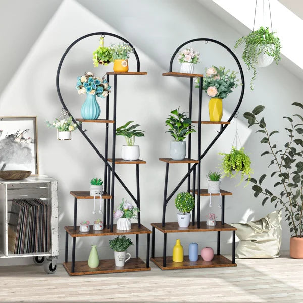 DB Artisasset 2pcs 6 Layers Half Heart Iron Wood Plant Stand for Garden Balcony Patio Lawn Home Decoration Flower Pot