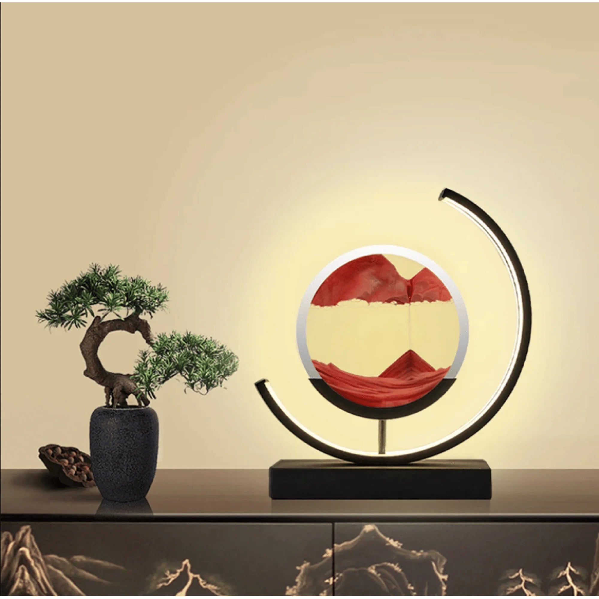 LED 3D Round Sand Picture Lamp 3 Colors Moving Sand Art Light with Stand Relaxing Desktop Home Decor for Office or Home Use