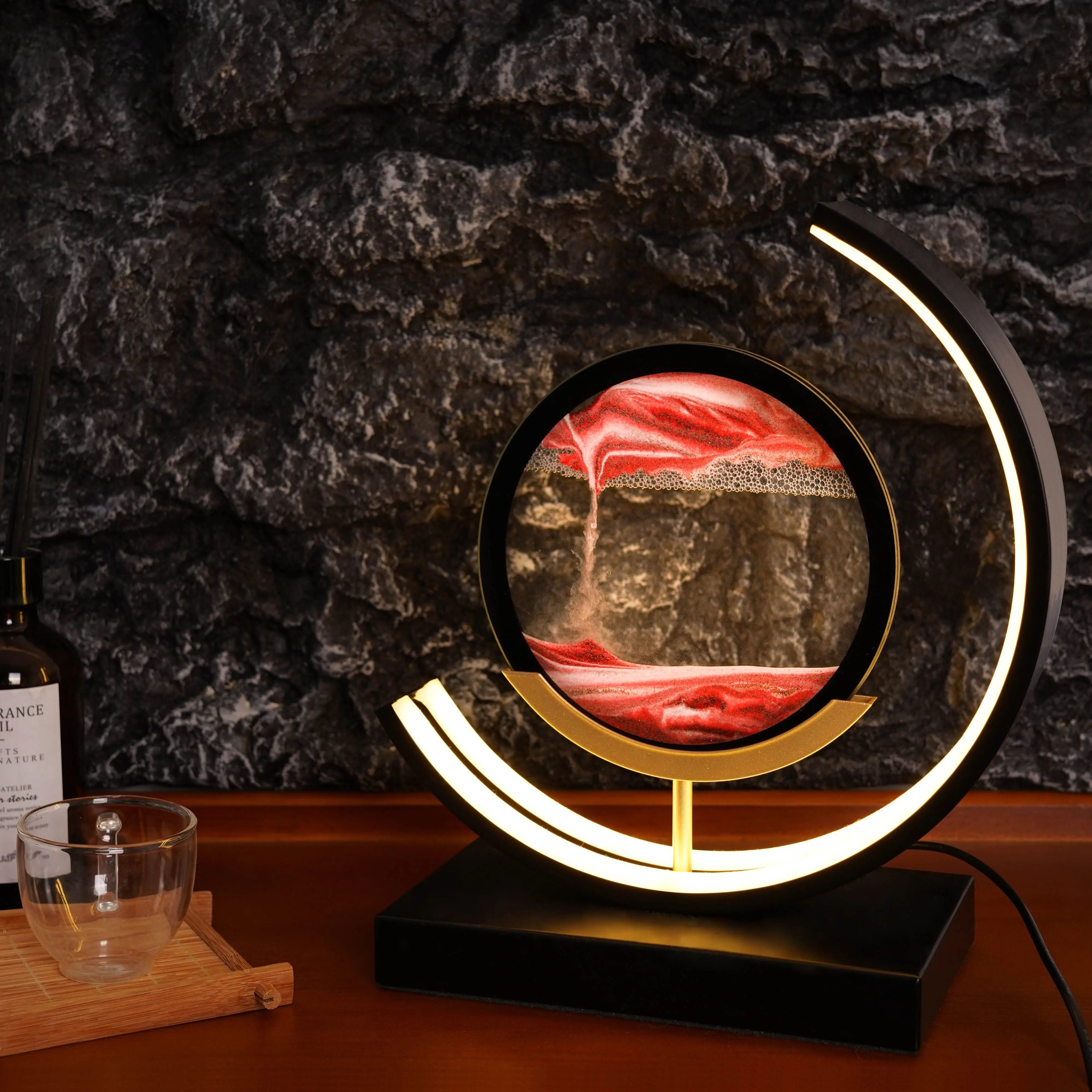 LED 3D Round Sand Picture Lamp 3 Colors Moving Sand Art Light with Stand Relaxing Desktop Home Decor for Office or Home Use