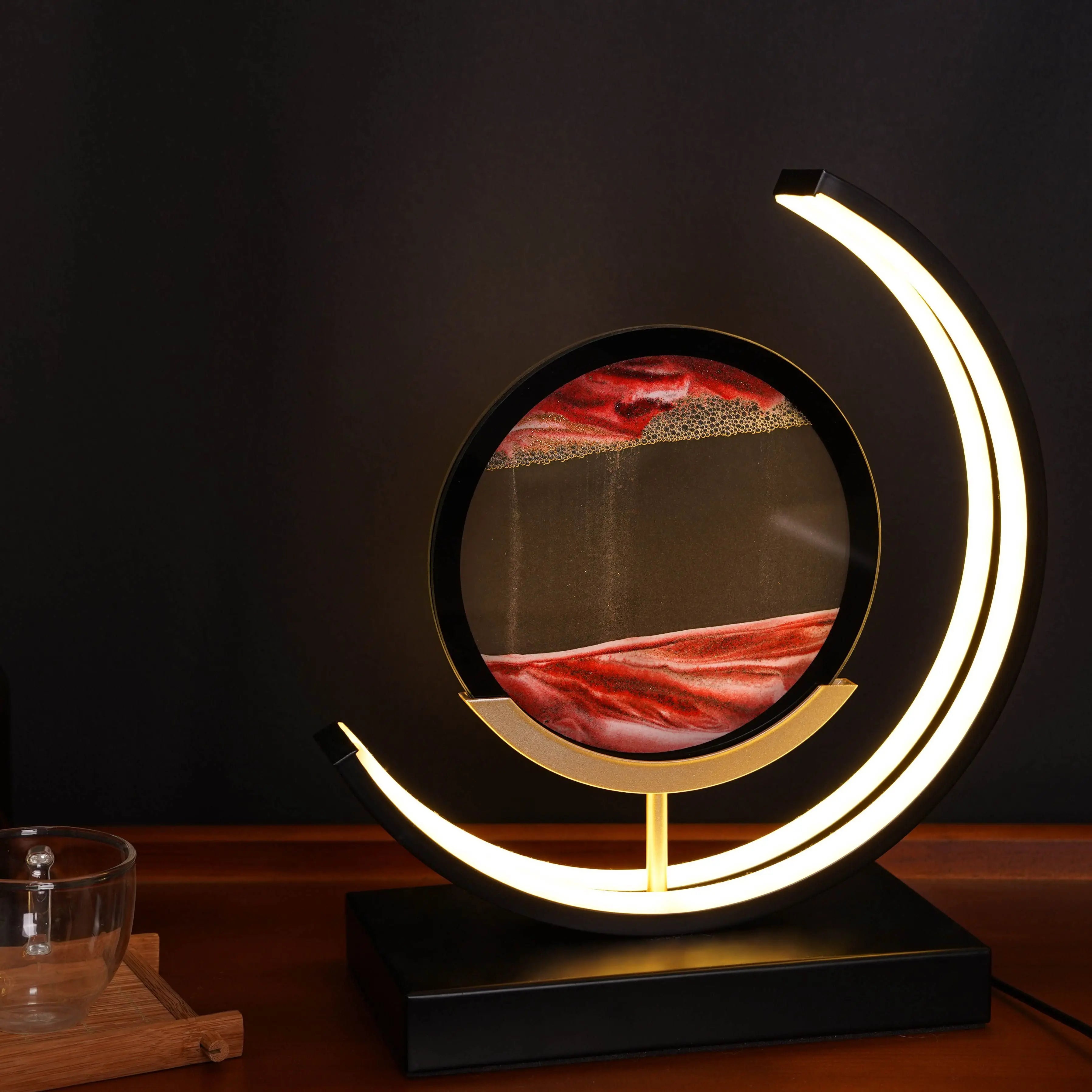 LED 3D Round Sand Picture Lamp 3 Colors Moving Sand Art Light with Stand Relaxing Desktop Home Decor for Office or Home Use