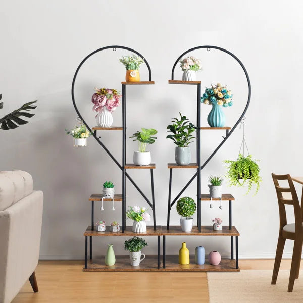 DB Artisasset 2pcs 6 Layers Half Heart Iron Wood Plant Stand for Garden Balcony Patio Lawn Home Decoration Flower Pot