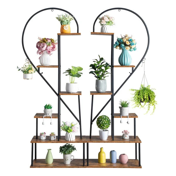 DB Artisasset 2pcs 6 Layers Half Heart Iron Wood Plant Stand for Garden Balcony Patio Lawn Home Decoration Flower Pot