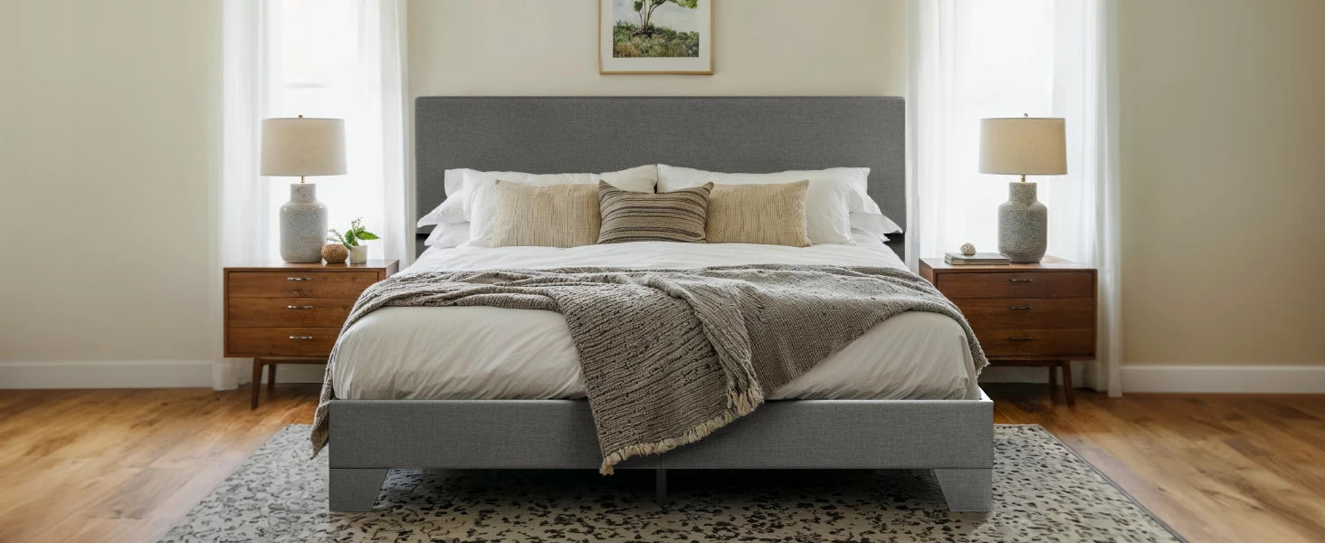 HOOMIC Full/Queen/King Upholstered Bed Frame with Adjustable Linen Headboard, Sturdy Wood Slats & Quiet Support