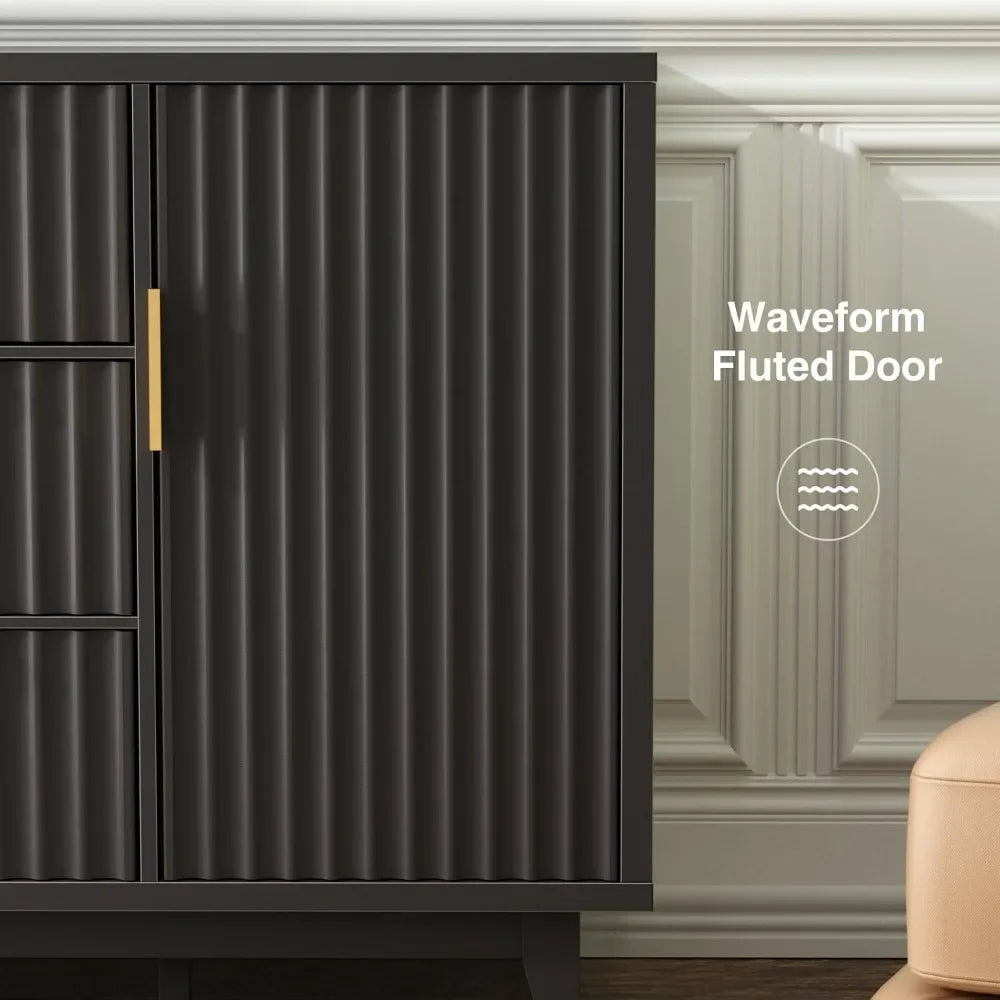 47.2" W Storage Cabinet with 3 Drawers, Fluted Buffet with Storage, Large Sideboard with 2 Door, Modern Mid Century TV Stand