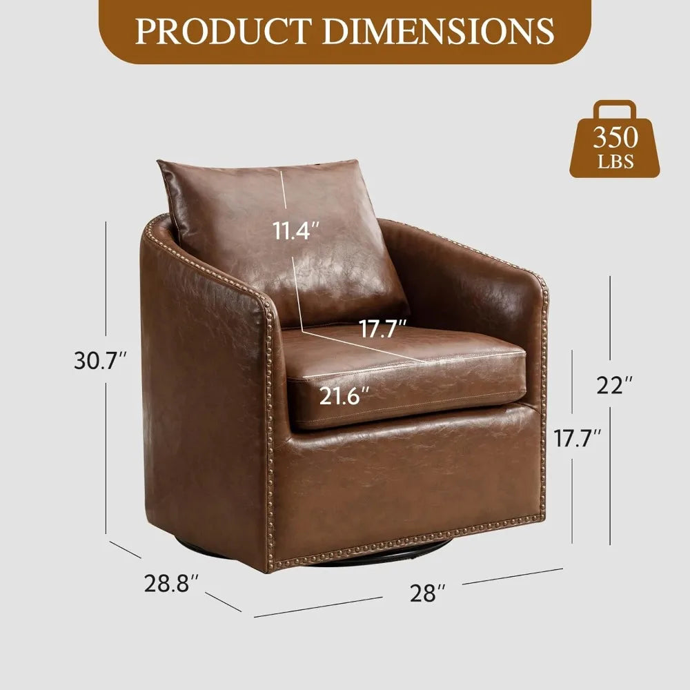 360 Degree Swivel Accent Chair Set of Two with Plump Back Pillow, Waterproof Oil Waxed PU Leather Swivel Armchair